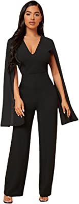 Women's Deep V Neck Split Long Sleeve High Waist Jumpsuit Elegant Formal Wide Leg Long Pants Dressy Romper