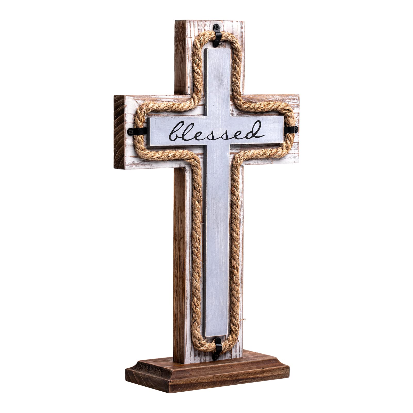 Wall Wooden Cross with Wooden Base Christians Crosses Spiritual Religious Cross Christmas Wall Hanging Handmade Wood Cross Hemp Rope & Blessed Design for Church Home Room Décor Wood Crucifix Gift.…