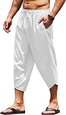 Men's Linen Harem Capri Pants Lightweight Loose 3/4 Shorts Drawstring Elastic Waist Casual Beach Yoga Trousers
