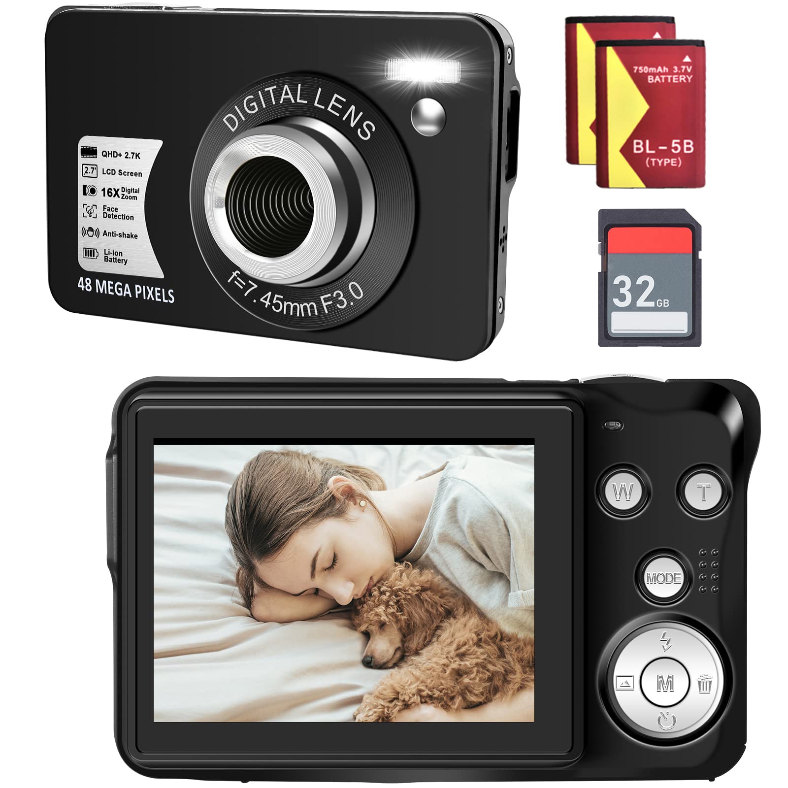 Digital Camera for Kids, 2.7K Digital Camera for Teens, Boys and Girls, 16X Digital Zoom Camera with 32GB SD Card and 2 Batteries (Black)