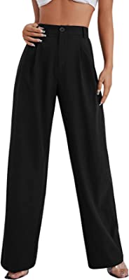 Women's Casual Wide Leg High Waisted Button Down Straight Long Trousers Pants