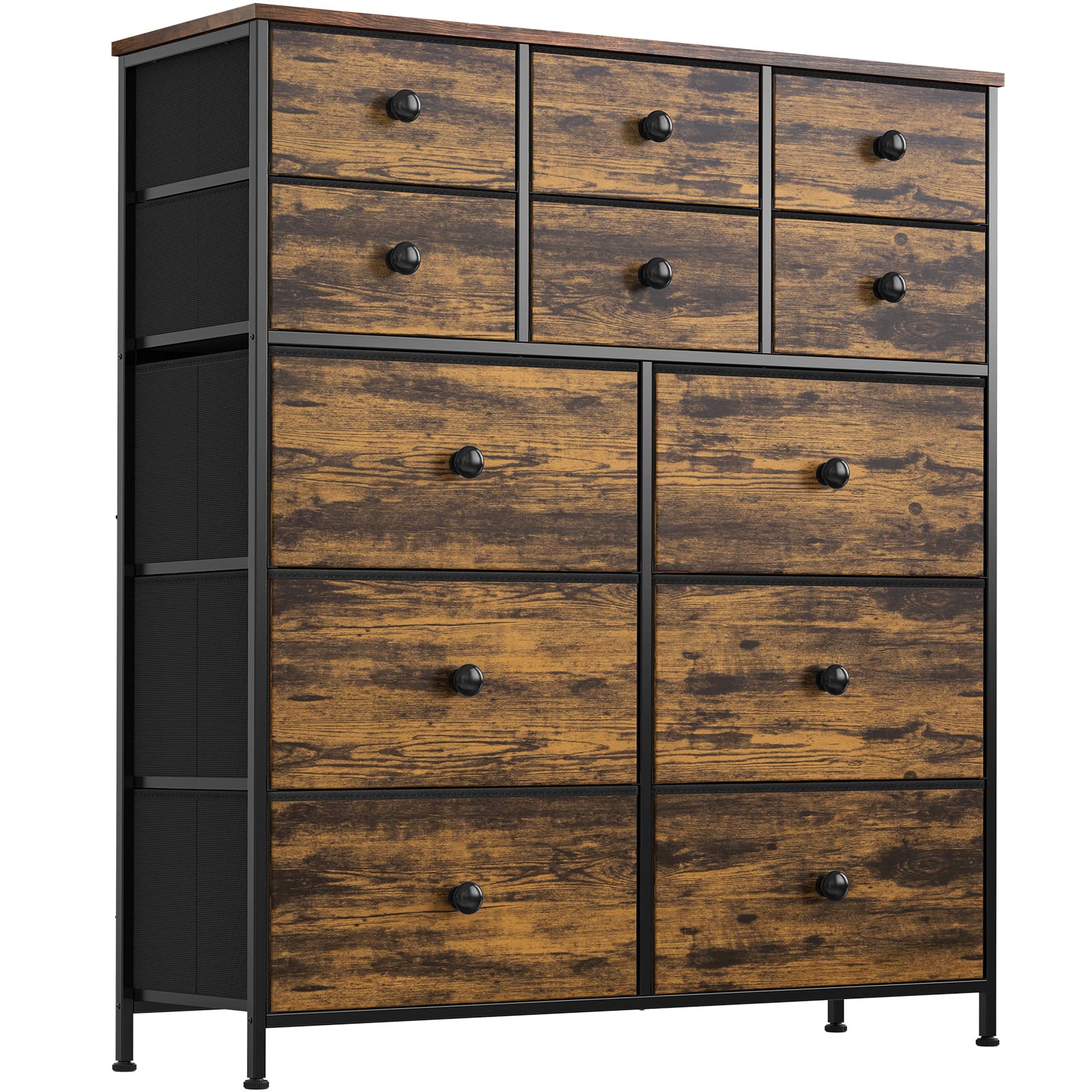REAHOME 12 Drawer Dresser for Bedroom Fabric Storage Tower Wide Rustic Dresser with Wood Top Sturdy Steel Frame Storage Organizer Unit for Living Room Hallway Entryway Closets Nursery (Rustic)MLK12R3