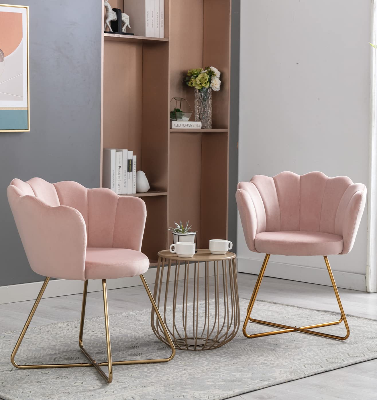 ayoodfo Velvet Accent Chairs Set of 2, Modern Leisure Lounge Chair Living Room Chair with Rose Gold Metal Leg, Comfy Arm Chair Single Sofa Makeup Vanity Chair for Living Room, Bedroom, Office, Pink