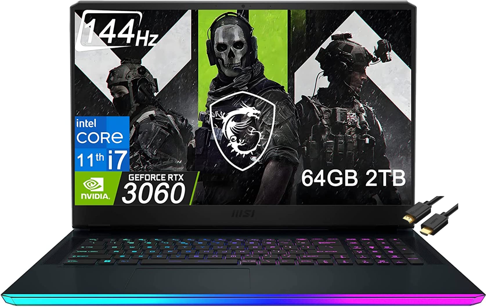 2022 MSI GE76 Raider 17.3" 144Hz (Intel 8-Core i7-11800H, 64GB RAM, 2TB PCIe SSD, RTX 3060), FHD Gaming Laptop, Thunderbolt 4, Webcam, RGB Backlit, IST HDMI, Windows 10