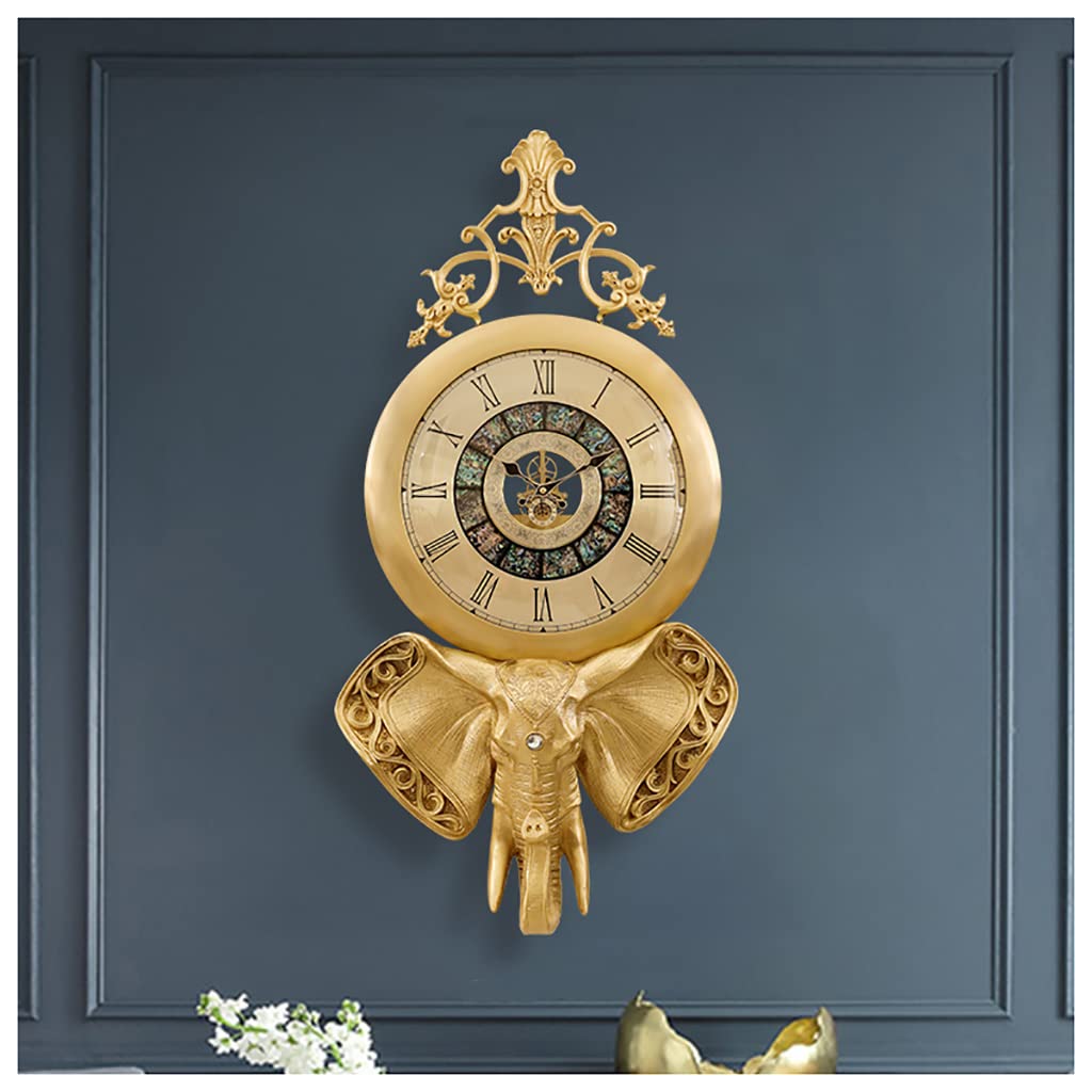 WANGFE Thick Brass Elephant Head Wall Clock Home Creative Pocket Watch Digital/Roman Two Styles Total Height 88cm Total Width 44cm