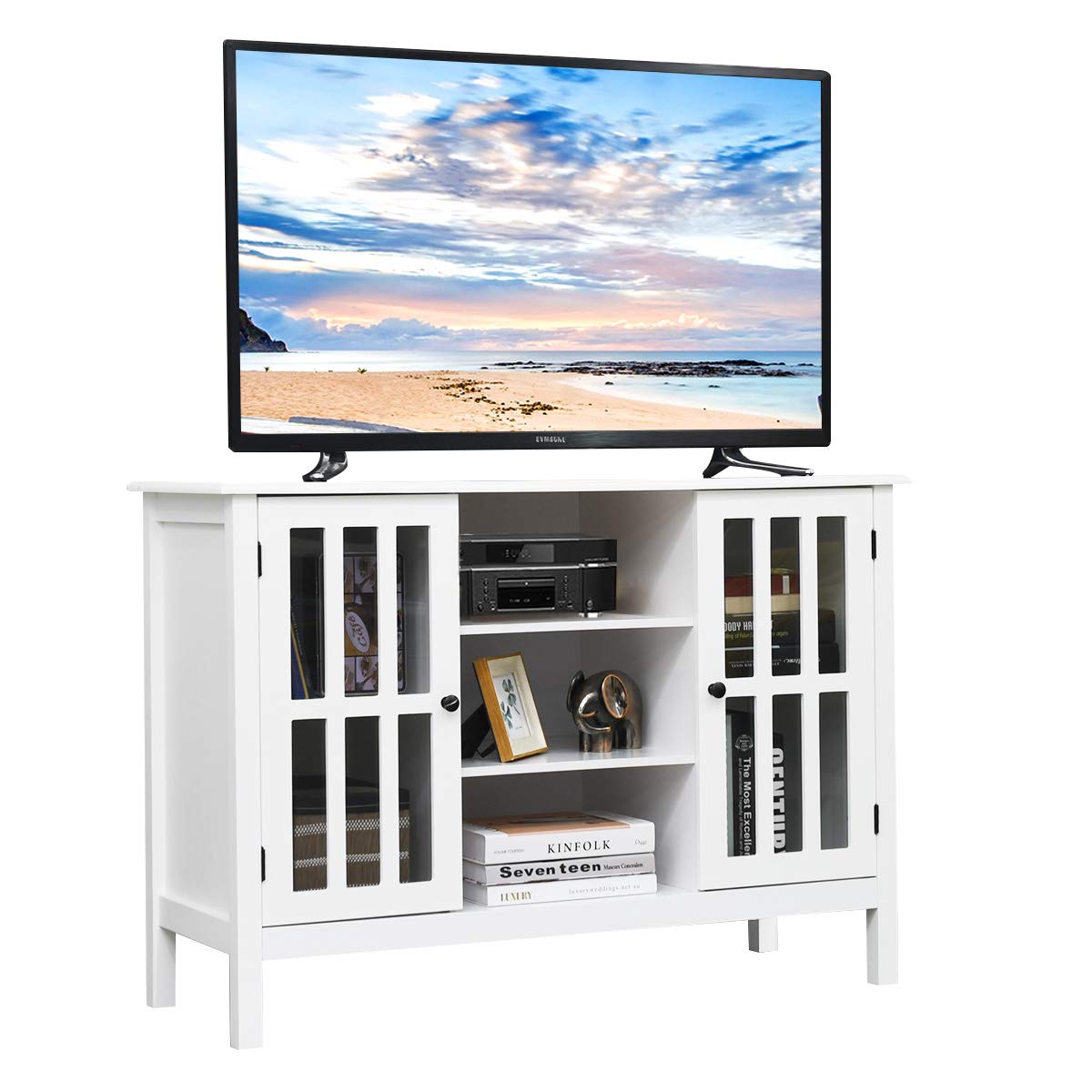 Tangkula Modern TV Stand, Tall Entertainment Center for TVs up to 50 Inch, Media Console w/ 2 Storage Cabinets & 3 Open Shelves, Wire Hole, Buffet Cabinet, Wood TV Console Table for Living Room, White