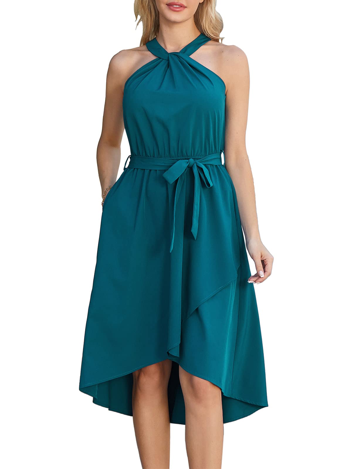 Halter Neck Dresses for Women Summer Wedding Guest Dress High Low A Line Midi Dress with Belt Pocket Party Dress