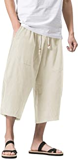 Men's Linen Cotton Capri Pants Loose Fit Elastic Waist Wide Leg Baggy Harem Pants