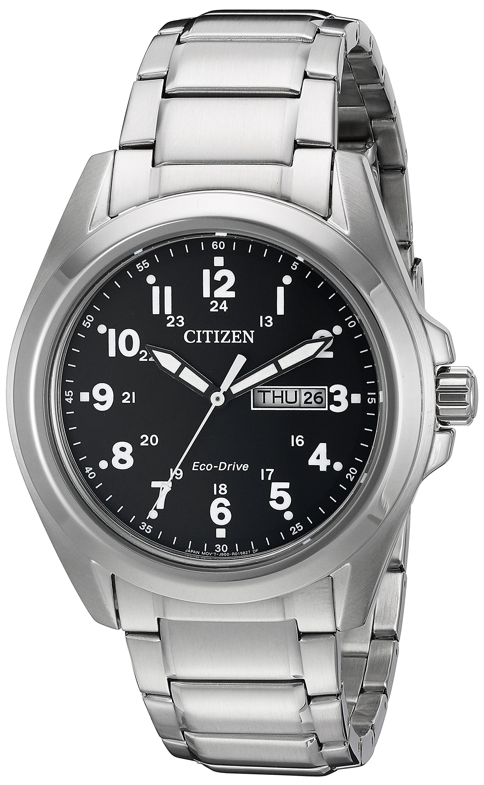 Men's Eco-Drive Weekender Garrison Field Watch in Stainless Steel, Black Dial (Model: AW0050-82E)