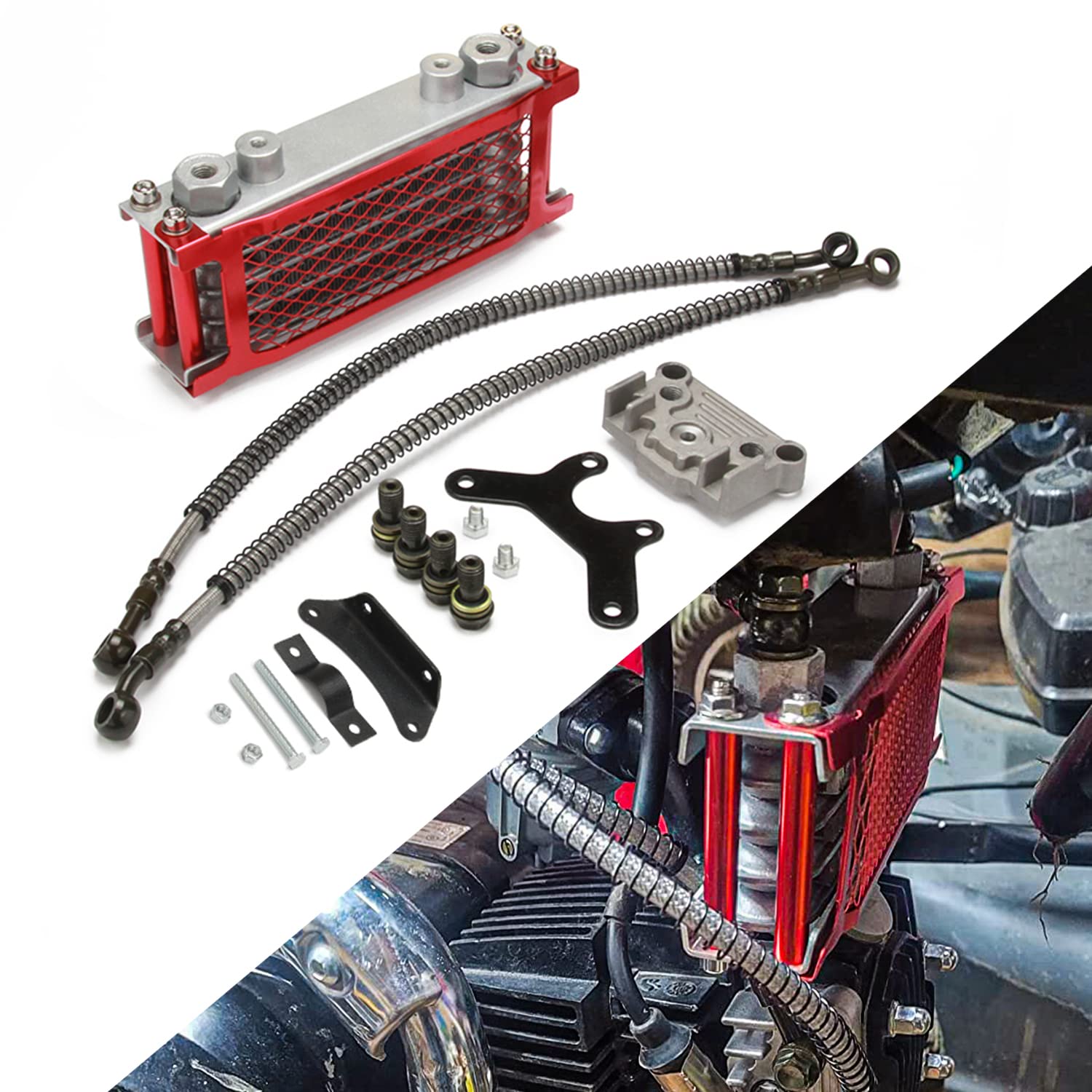 USTPO Motorcycle Oil Cooler Cooling Radiator Engine Kit Universal for CRF XR KLX 50 70 90 110 125 140cc SSR Taotao Coolster Kayo Apollo Dirt Pit Bike ATV Red