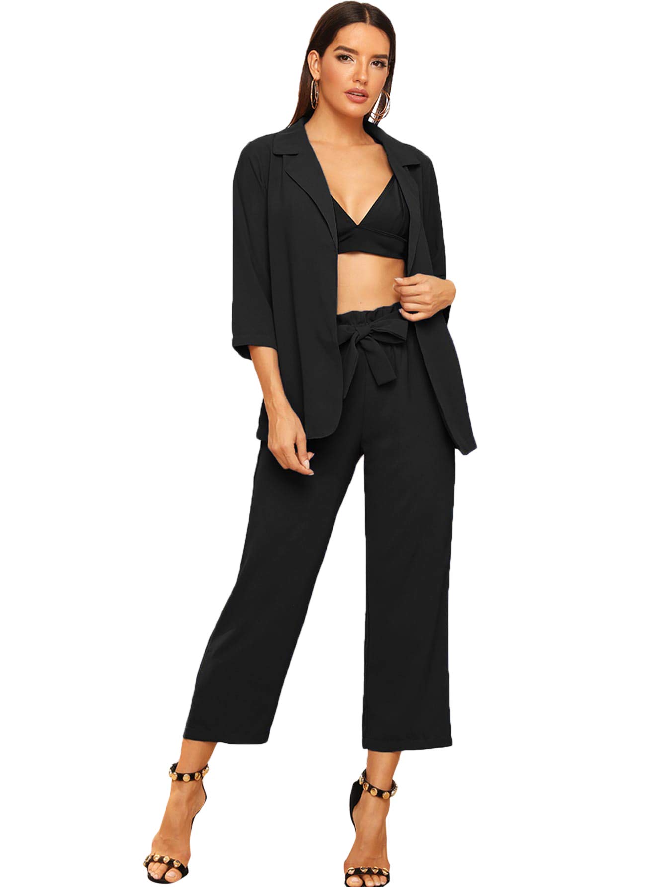 Women's 2 Piece Outfit Notched Neck 3/4 Sleeve Blazer and Wide Leg Belted Pants Set