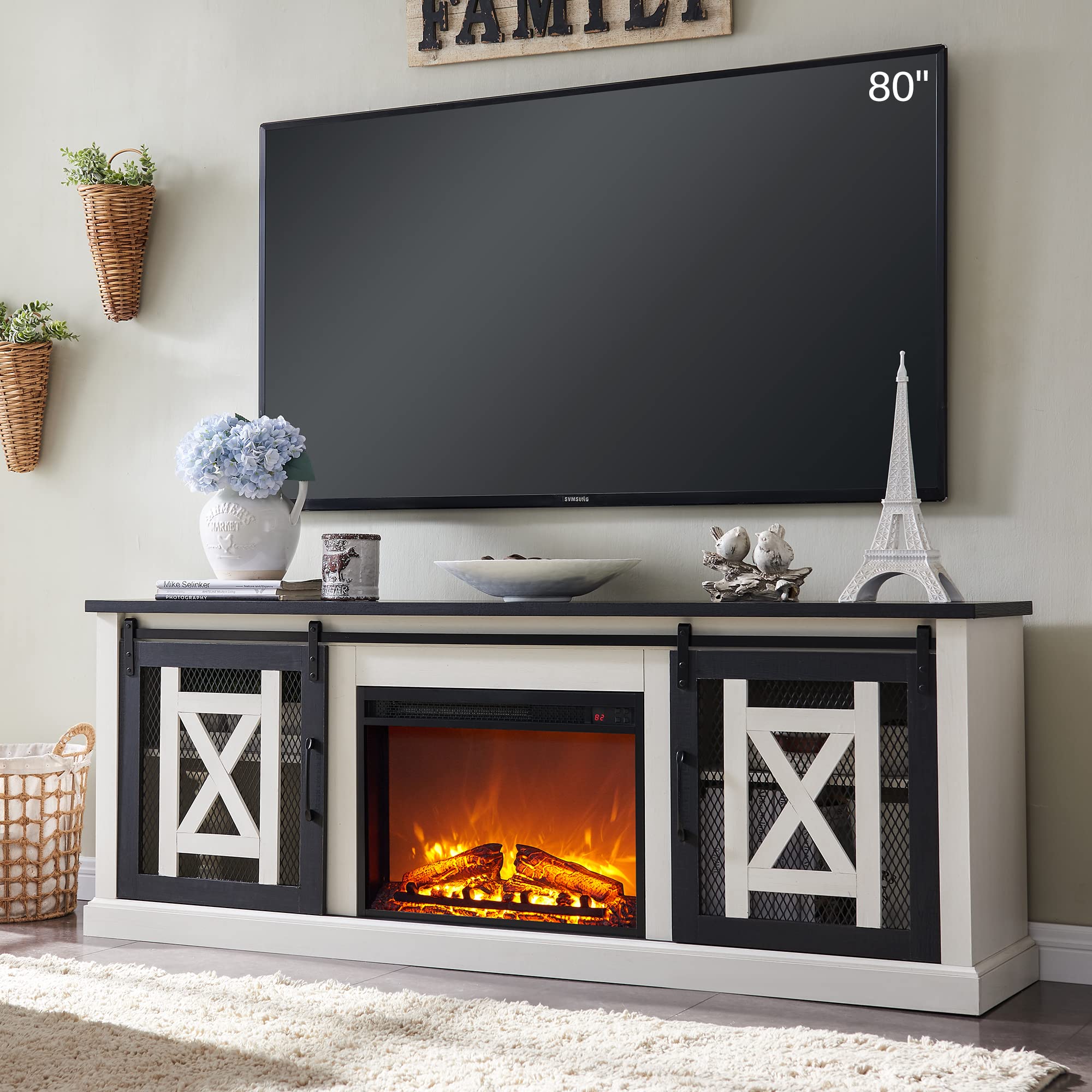 JXQTLINGMU Electric Fireplace TV Stand for TV's up to 80 Inches, Modern Farmhouse Entertainment Center with Double Sliding Barn Door & Adjustable Storage Shelves, 70 Inch,White…