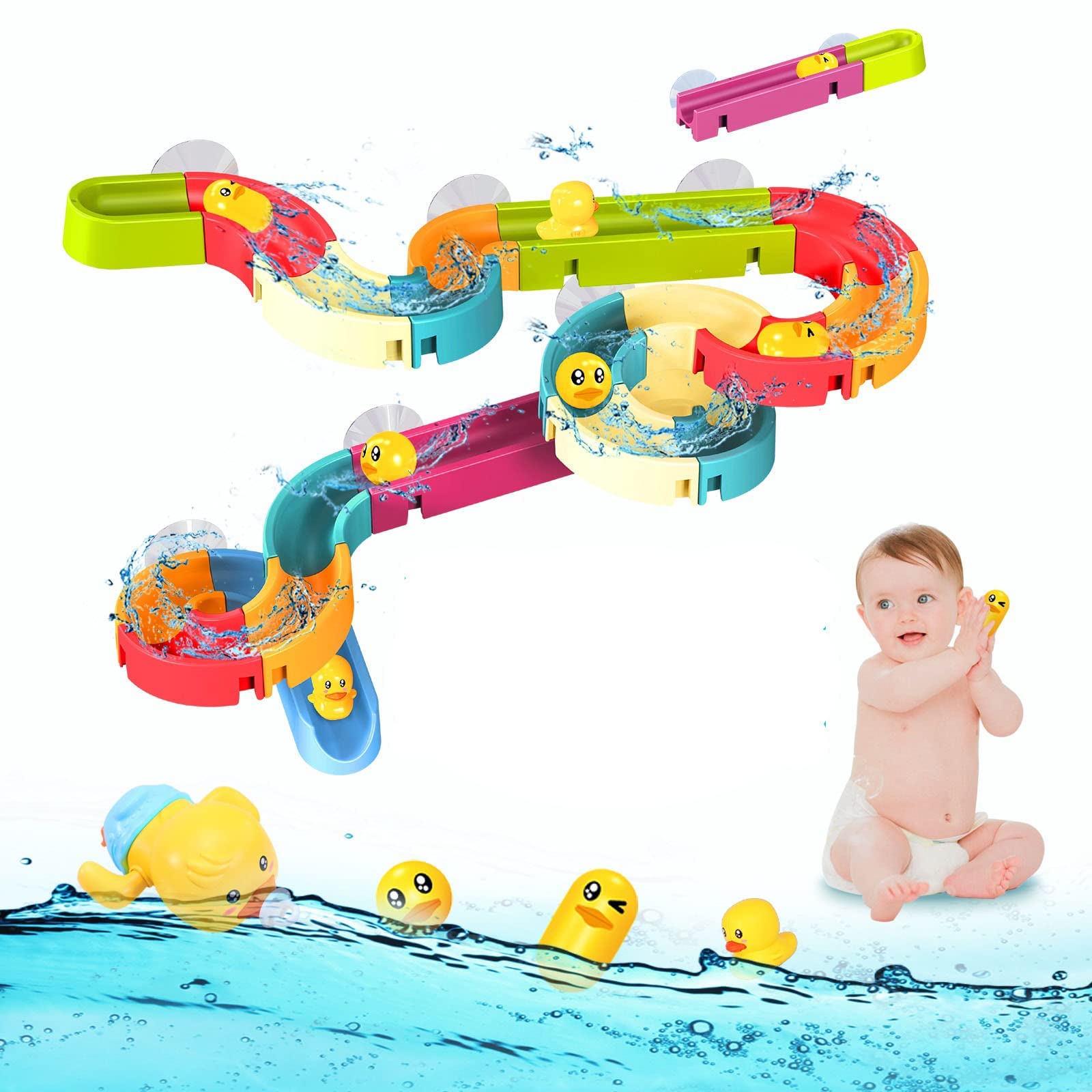 Bath Toy for Toddler Kids Ages 4-8, 35 Pcs Water Ball Track Stick to Wall Bathtub Slide Toys for Toddlers 3 4 5 6 Years,with Wind-Up Mini Baby Bath Toys Duck,Shower Gift for Children Funny Tub Toys
