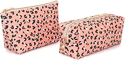 2 Pcs Makeup Bags Purse PU Leather Cosmetic Bag Portable Travel Toiletry Pouch Zipper Brushes Organizer for Women Girls (pink, leopard)
