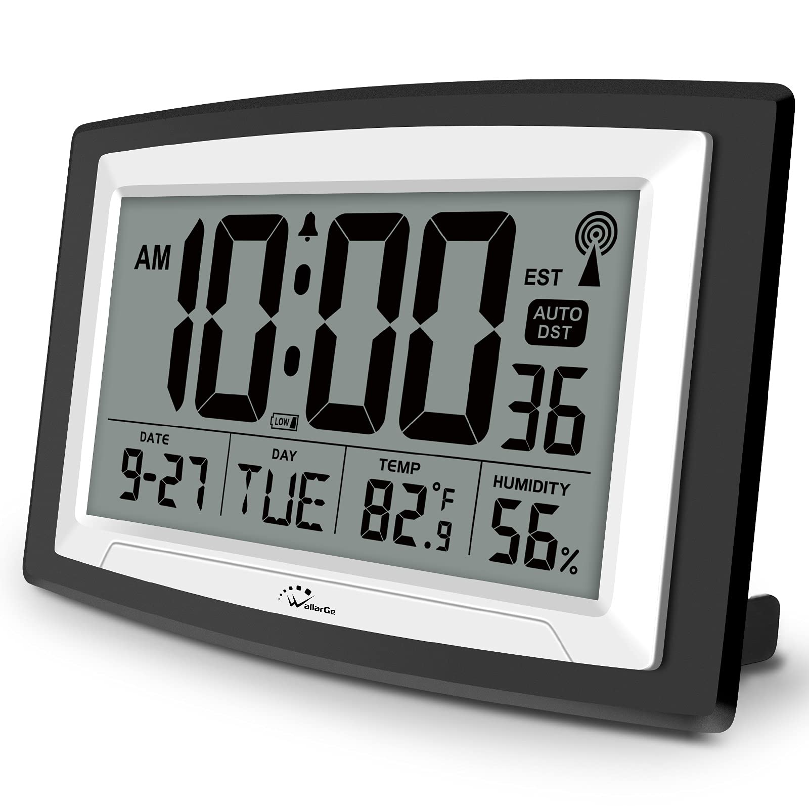 WallarGe Atomic Clock with Indoor Temperature and Humidity,Self-Setting Digital Wall Clock or Desk Clock,Battery Operated Alarm Days Digital Clock Large Display for Seniors,Auto DST.