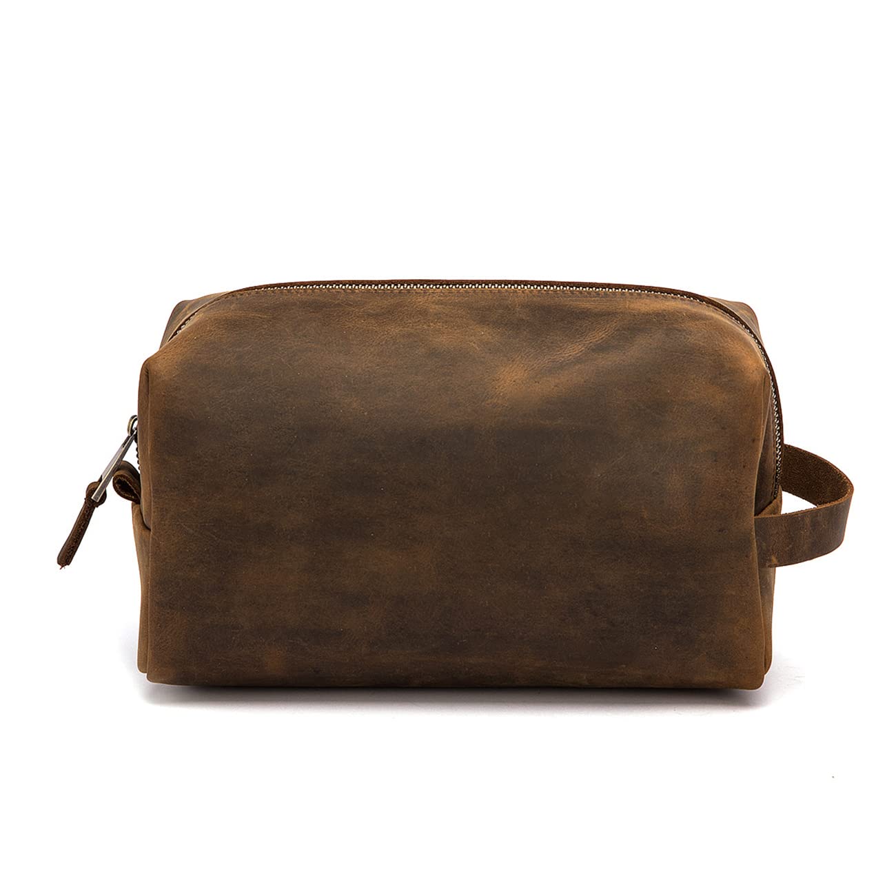 Premium Buffalo Genuine Leather Unisex Dopp Kit Organizer Travel Toiletry Bag Simple Design (A Brown)