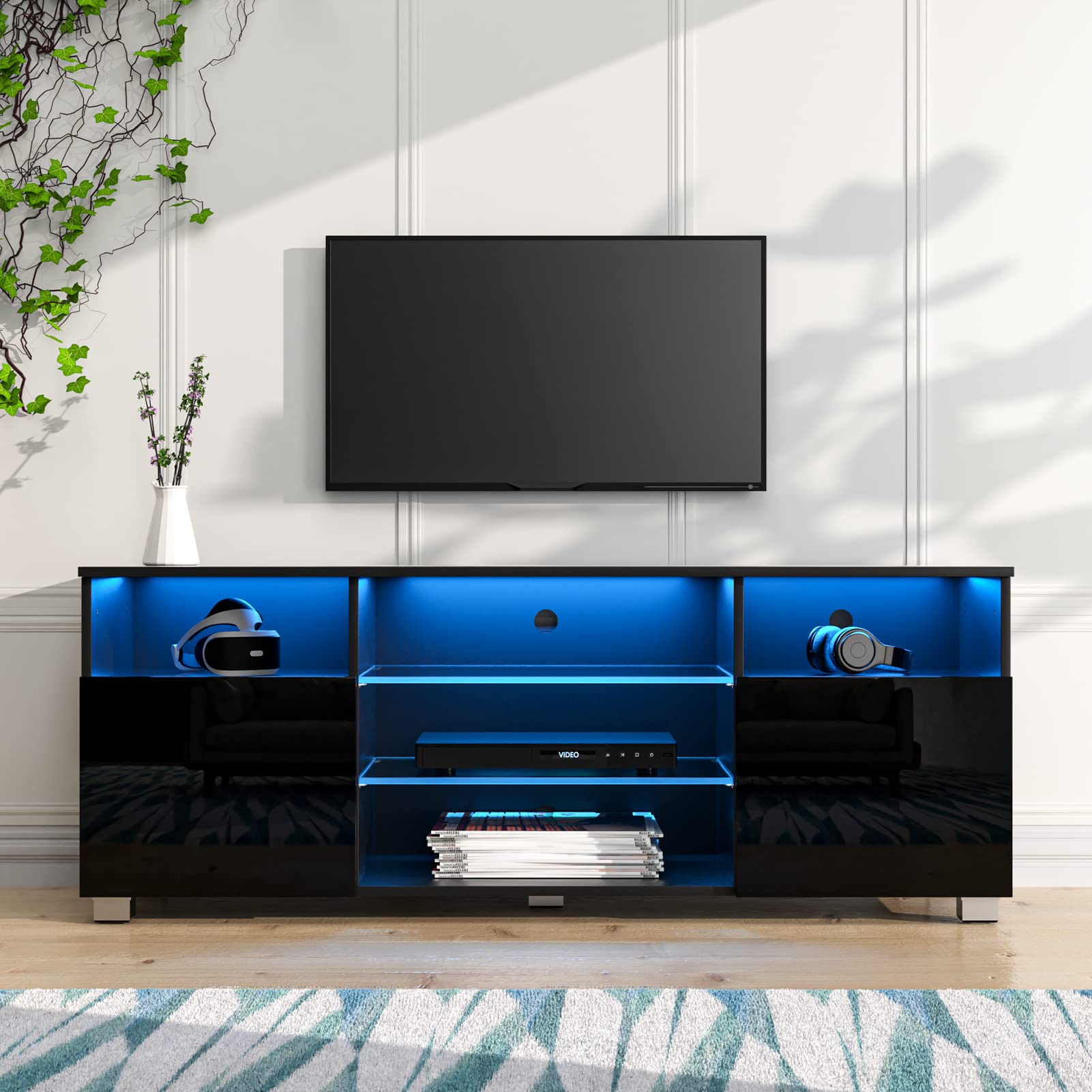 LED TV Stand for 55 inch TV, Modern Entertainment Center with LED Lights and Glossy Cabinets, TV & Media Furniture Console for Under TV Living Game Room Bedroom(Black)