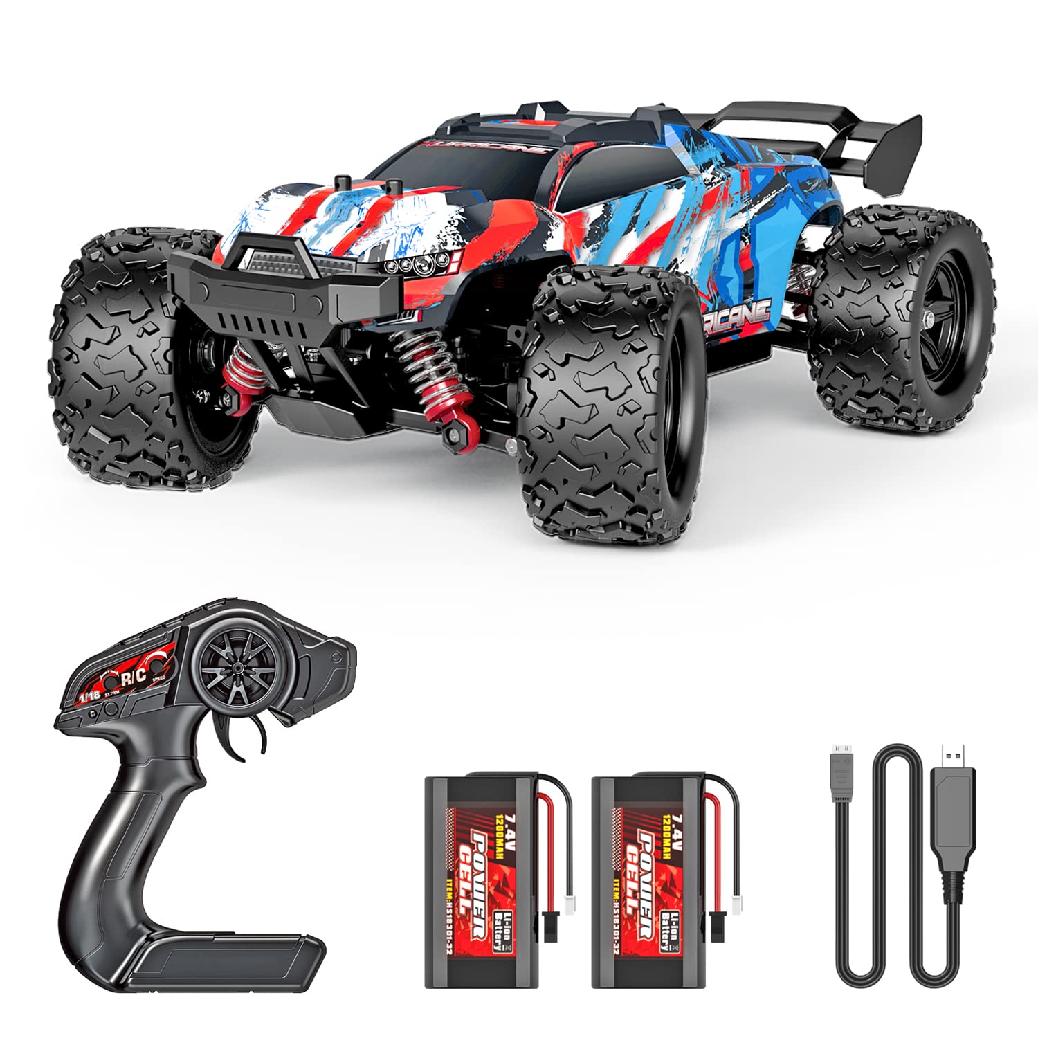 PHOUPHO Remote Control Car 1:18 Scale 45Km/h, 4WD RC Car, Waterproof Drift Off-Road New Upgraded Brush Motor with Two Rechargeable Batteries, Hobbyist Grade for Adults, Toy Gift for Kids and Adults