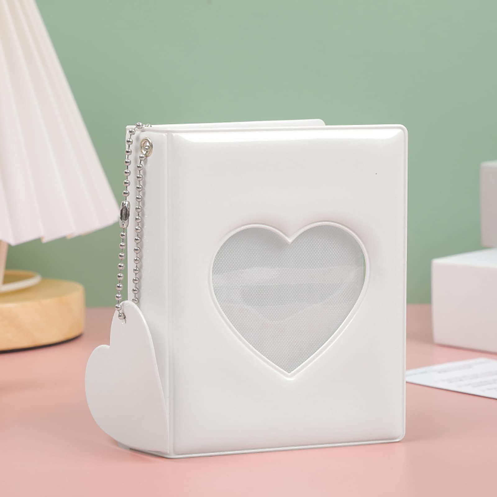 3 Inch Kpop Photocard Holder Book Mini Photo Album Mirror-like Photocard Binder Small Photo Card Book Love Heart Hollow Photocard ID Holder with Love Heart Pendant 32 Pockets,White