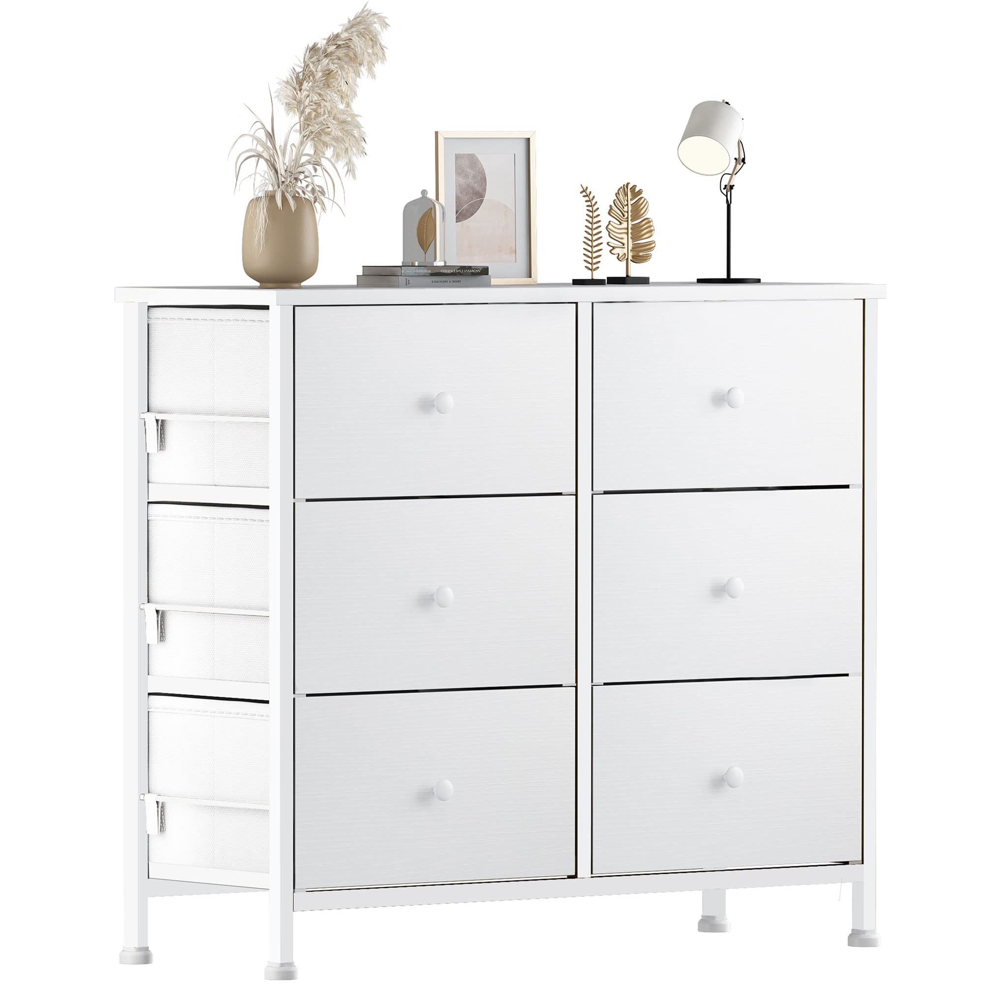 BOLUO White Dresser for Bedroom 6 Drawer Organizers Fabric Storage Chest Tower Wide Dressers Unit for Closet Nursery Hallway Office, Kids and Adult Modern