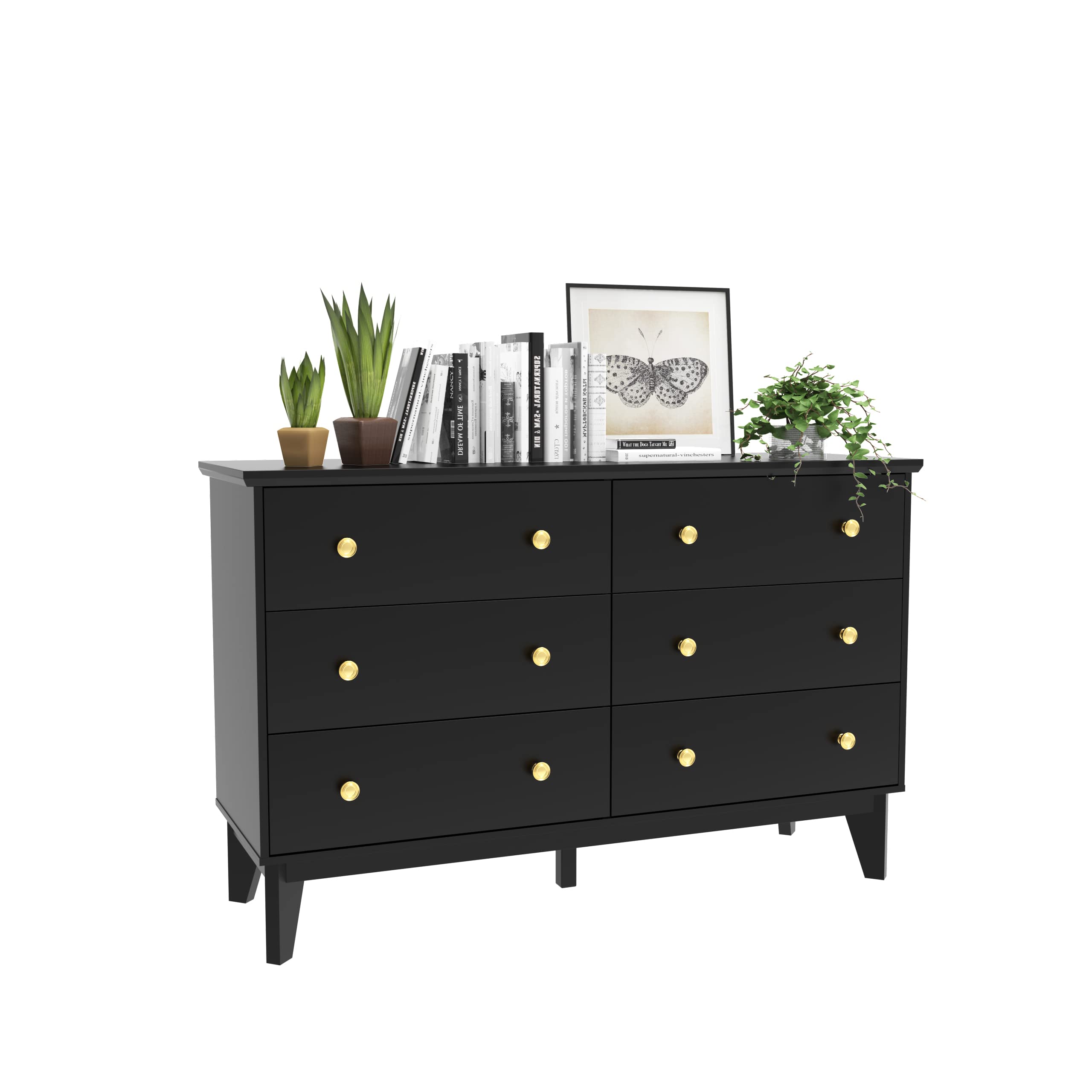 JOZZBY 6-Drawer Black Dresser with Metal Handles,Modern Dresser for Bedroom,Wood Storage Chest of Drawers for Living Room Hallway Entryway