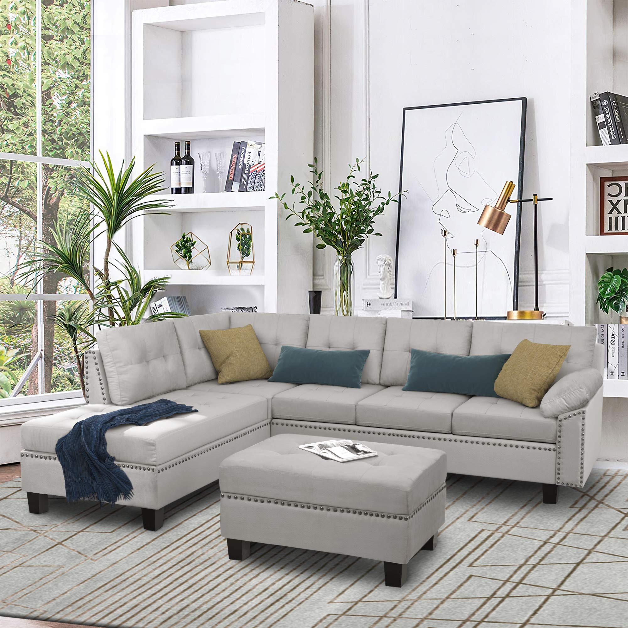 Ucloveria Sectional Sofa Couch, Upholstered L Shaped Sofa Couch, Sleeper Sofa Bed with Storage Ottoman and 6 Pillows, 6 Seat Oversized Corner Sofa Couch with Chaise for Living Room, Grey