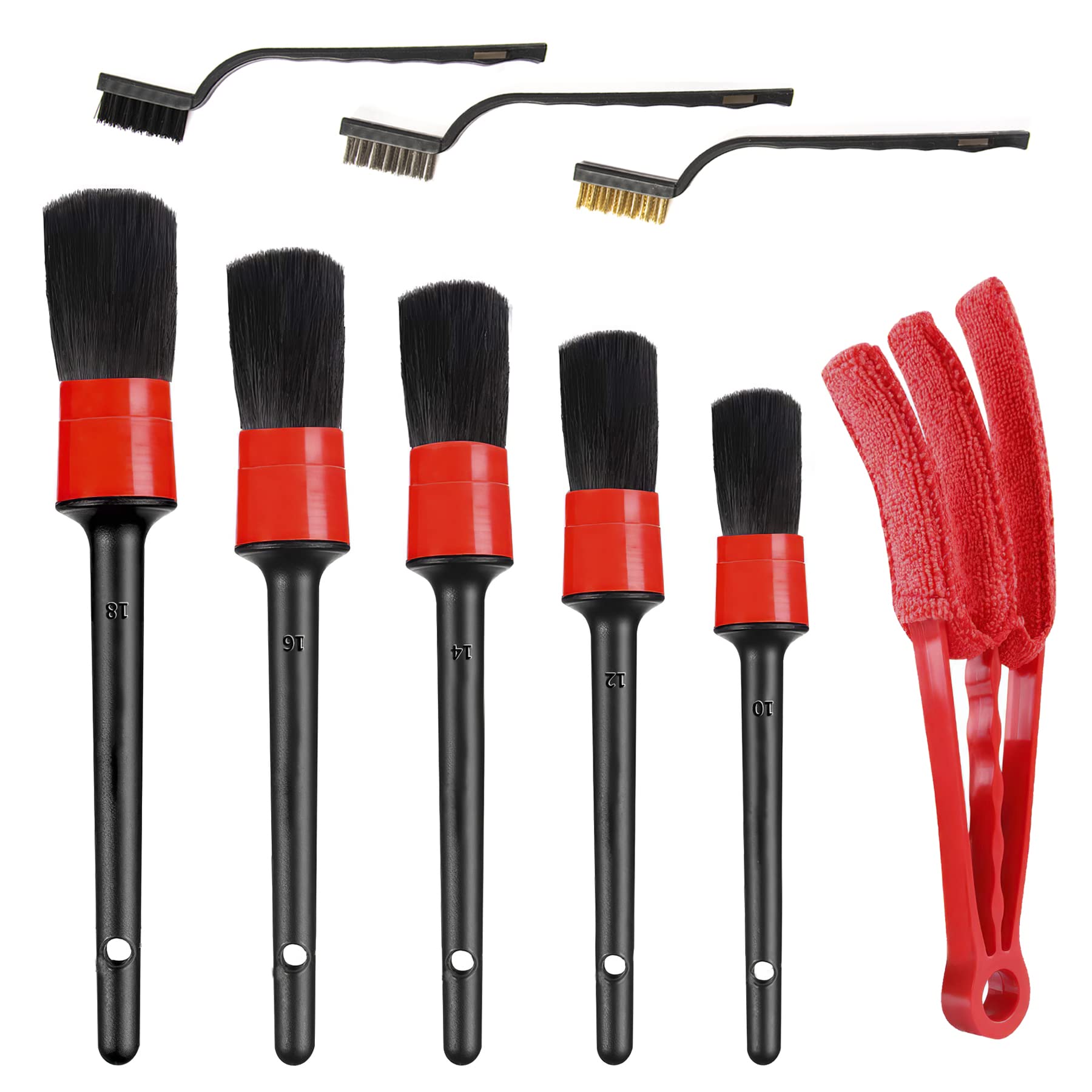 Amiss 9 Pieces Car Detailing Brush Set, Premium Car Interior Cleaning Kit, for Cleaning Interior and Exterior, Including 5PCS Different Sizes Detail Brushes, 3PCS Wire Brush and Air Conditioner Brush