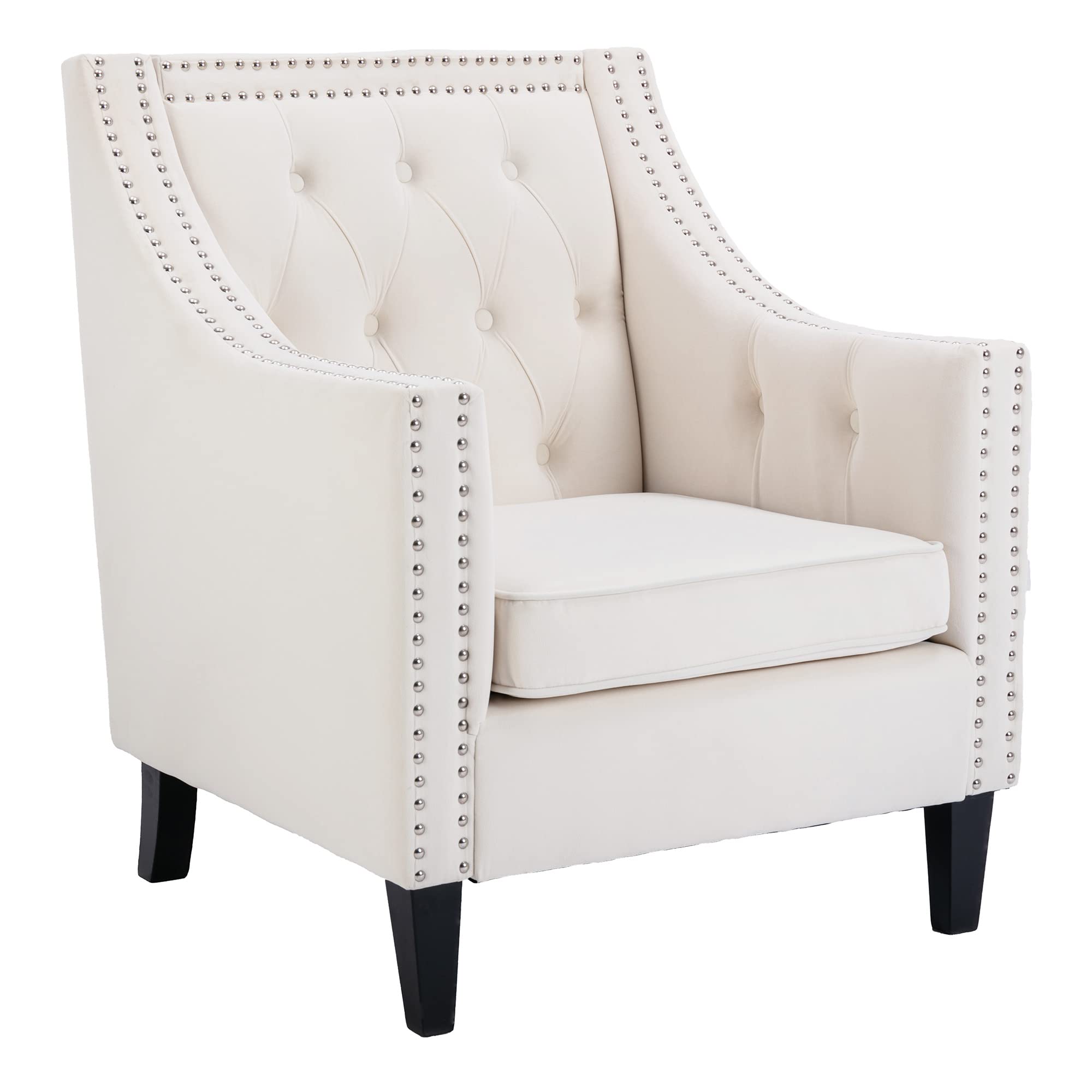 HNY Mid Century Modern Velvet Accent Chair with Arm, Button Tufted Wingback Arm Chair with Nailhead Trim, 19.7" Seat Wide Upholstered Single Sofa Armchair for Living Room Bedroom, Ivory