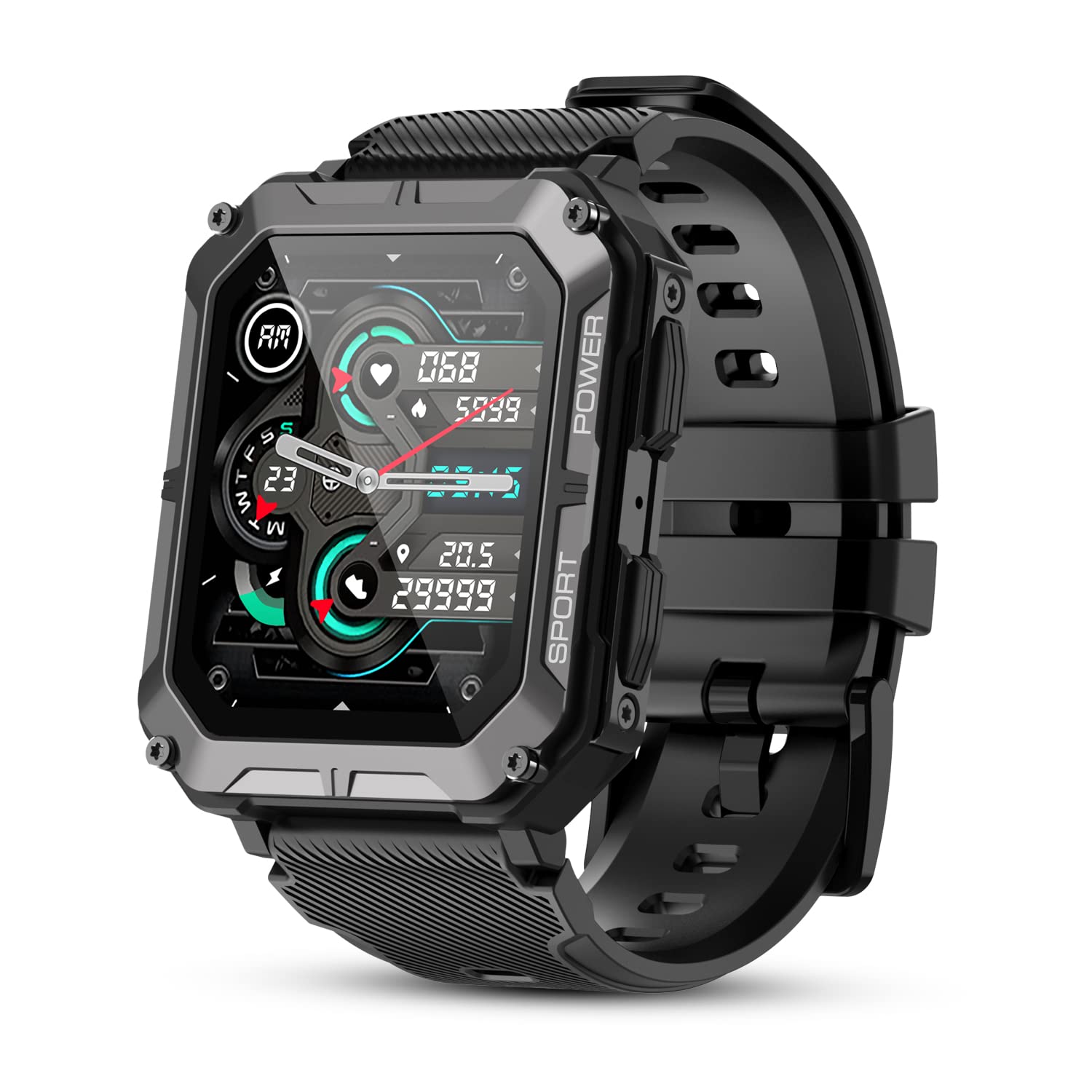 PUREROYI Military Smart Watches for Men IP68 Waterproof Rugged Bluetooth Call(Answer/Dial Calls) 1.83'' Tactical Fitness Watch Tracker for Android iOS Outdoor Sports(Black)