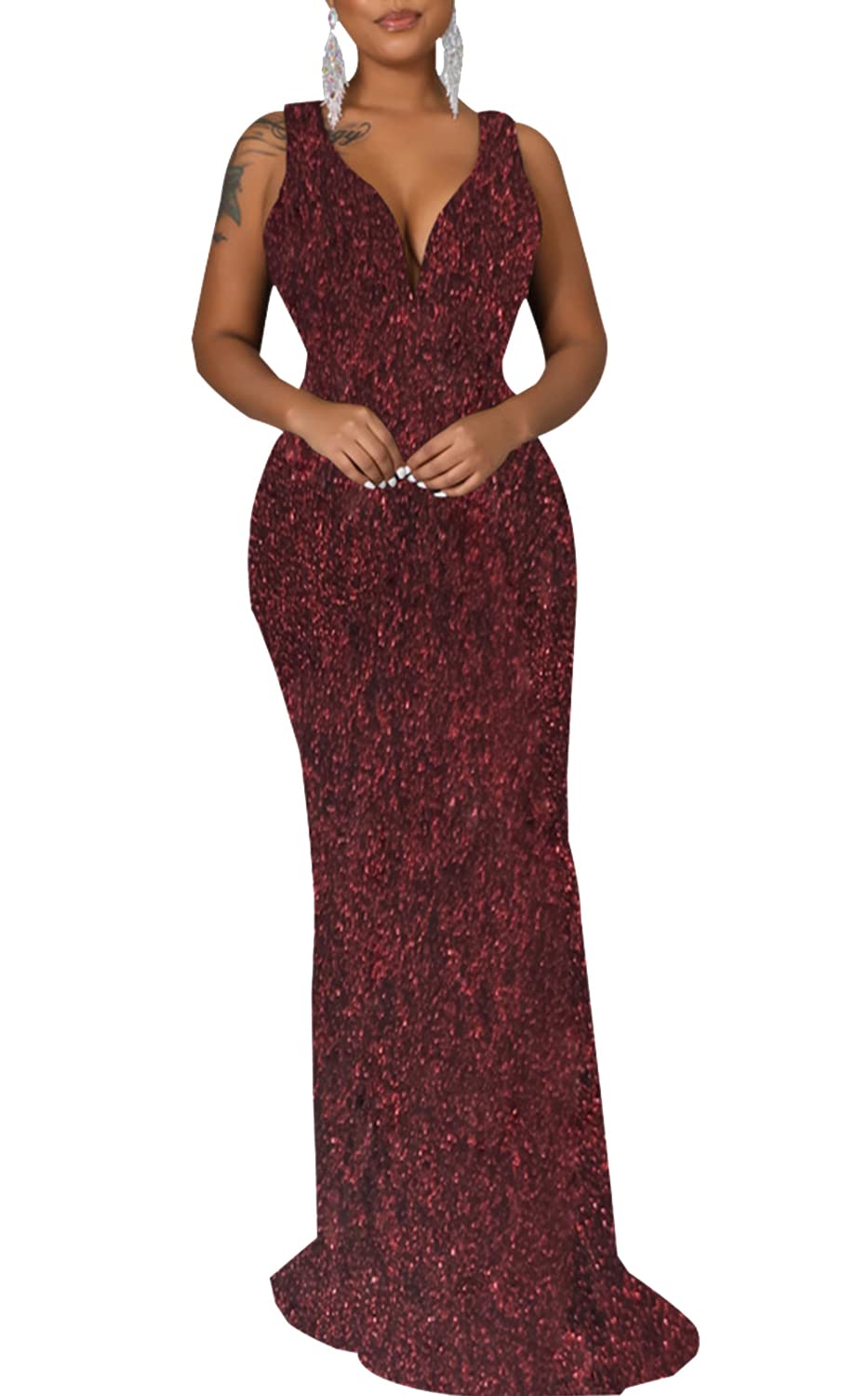 Women's Sequin Sexy V Neck Sleeveless Backless Mermaid Long Maxi Formal Dresses Evening Gown