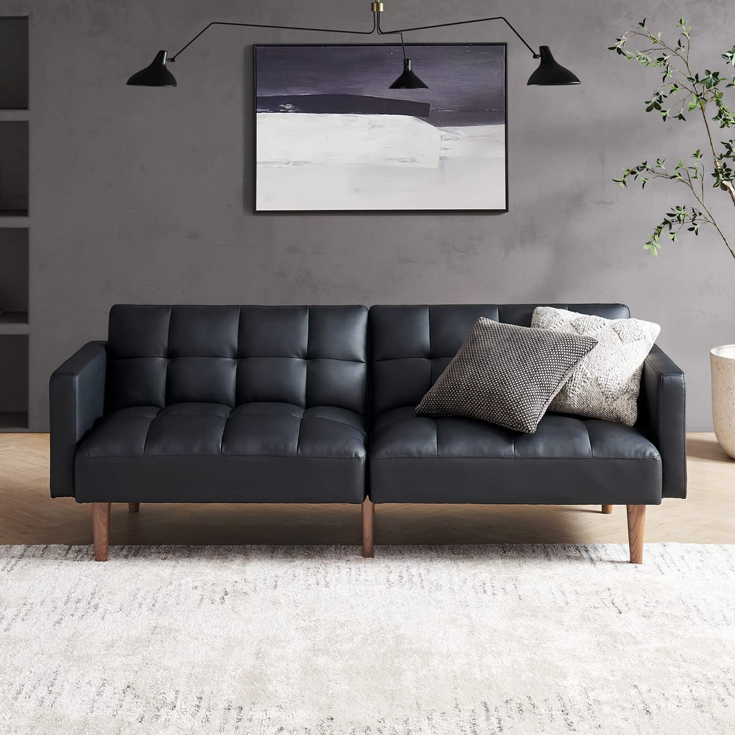 mopio Aaron Futon Convertible Sofa Sleeper Futon Twin Size with Arms Split Back Design 77.5" (Faux Leather, Midnight Black)