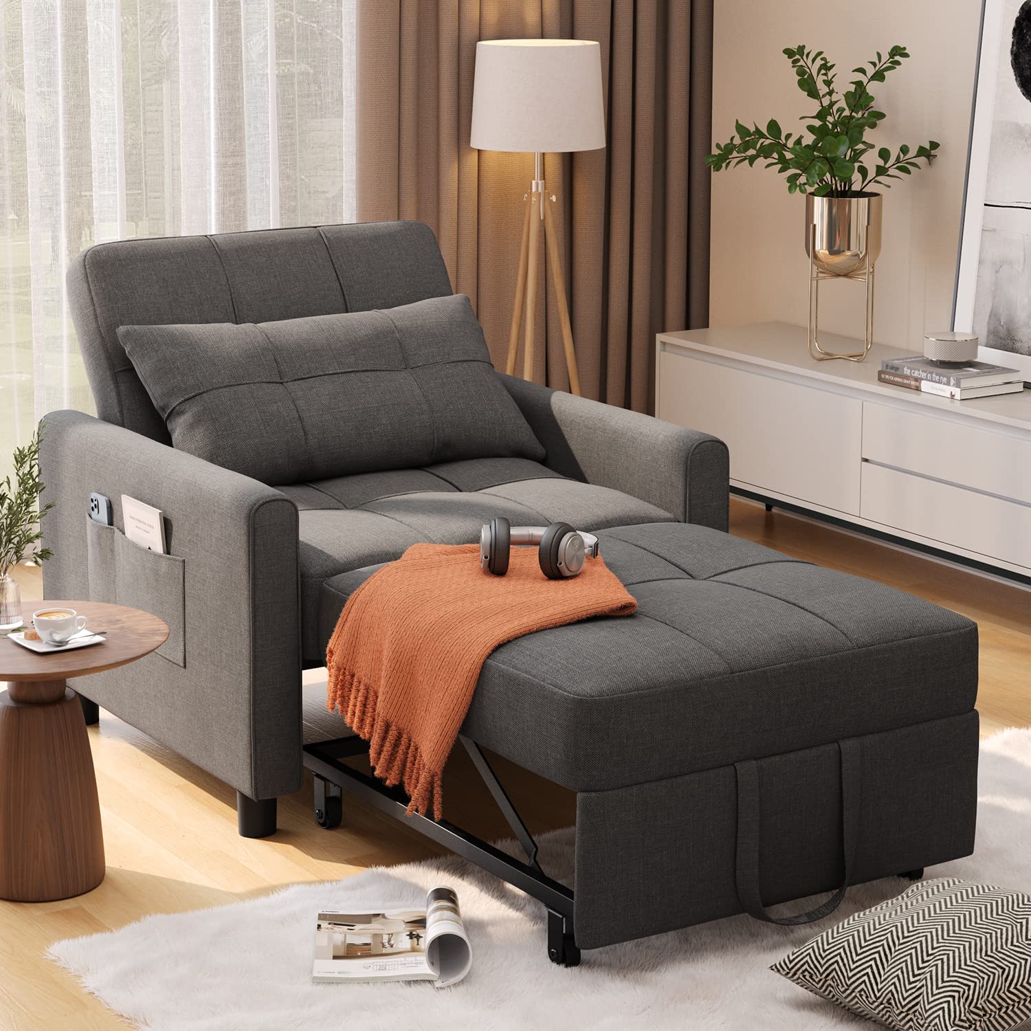 Convertible Sleeper Sofa Chair Bed，3-in-1 Single Convertible Chair Bed, Adjustable Chair with Pillow and Pocket, Multi-Functional Sleeper Chair Bed with Modern Linen Fabric for Apartment, Dark Gray