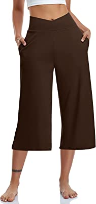 Womens Casual Wide Leg Yoga Capris Crossover High Waist Capri Pants Loose Soft Pajama Pockets Sweatpants