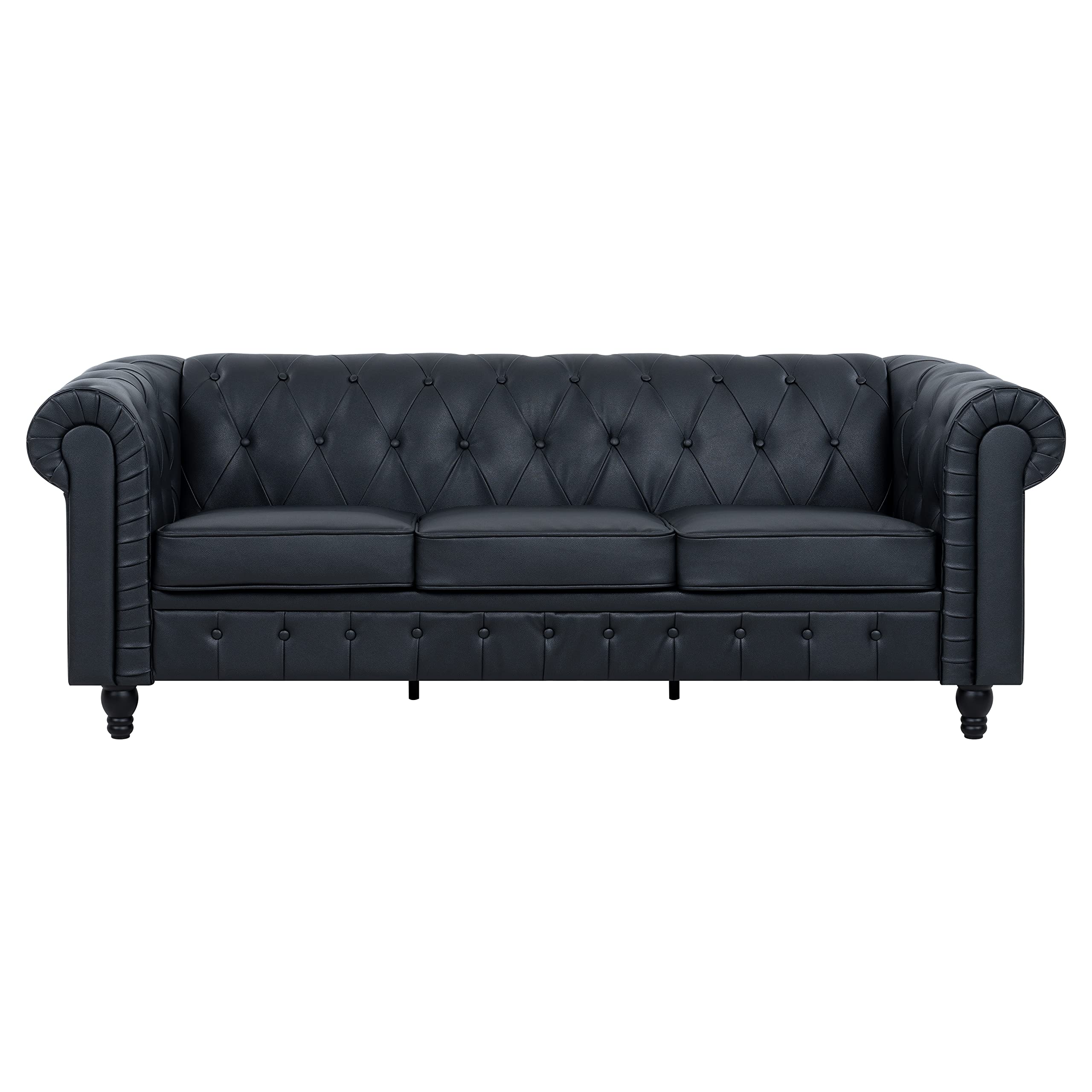 Naomi Home Emery Chesterfield Sofa with Rolled Arms, Tufted Cushions / 3 Seater Sectional Sofa Couch for Small Spaces, Living Room, Bedroom, Apartment Easy Tool-Free Assembly - Black, Air Leather