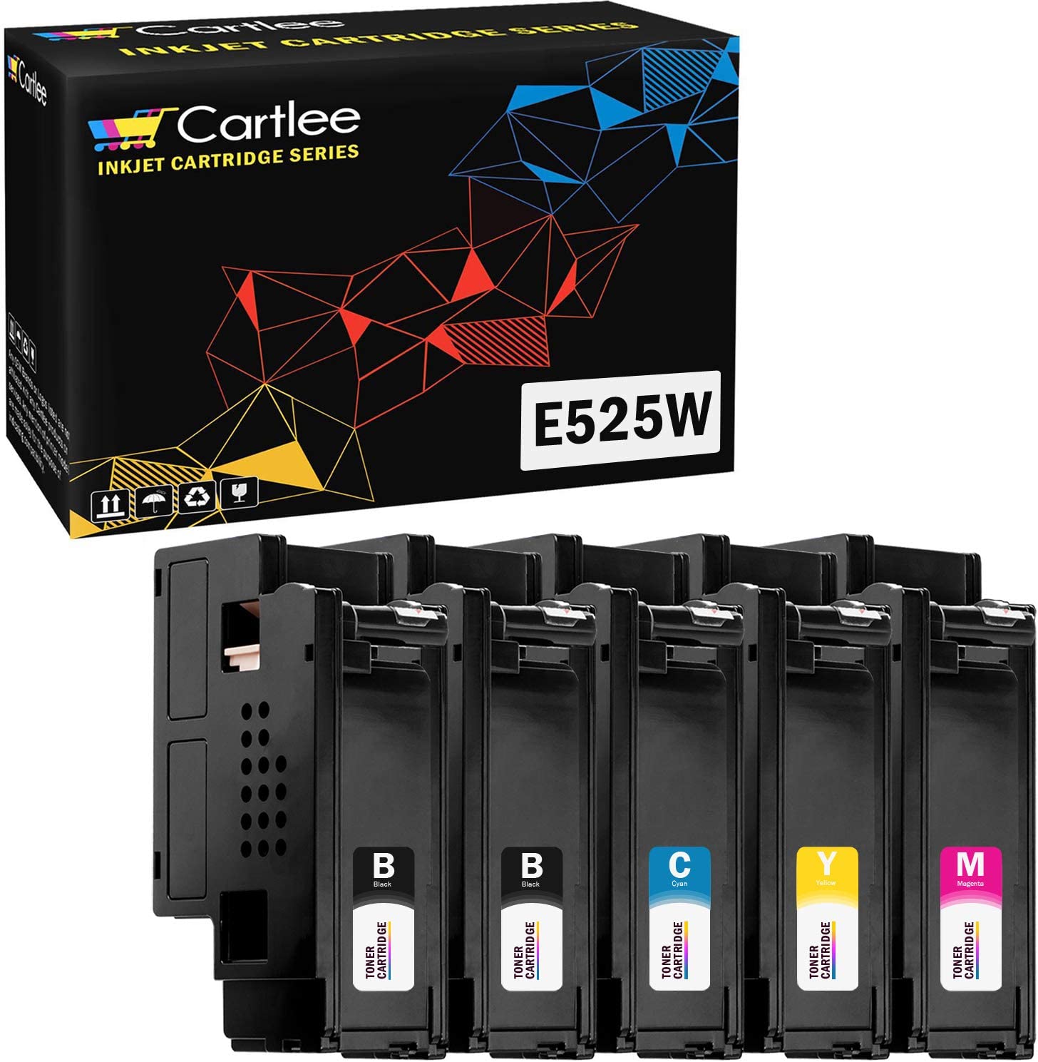         Cartlee Set of 5 Compatible High Yield Laser Toner Cartridges Replacement Ink for Dell E525DW E525W 525W 525 525DW DPV4T H3M8P Color Printers (2 Black, 1 Cyan, 1 Magenta, 1 Yellow)       