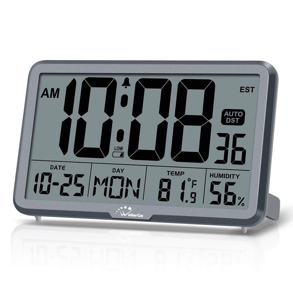 WallarGe Auto Set Digital Wall Clock Battery Operated,Desk Clocks with Temperature,Humidity and Date,Large Display Digital Calendar Alarm Clock for Elderly,Bedroom,Office,8 Time Zone, Auto DST.