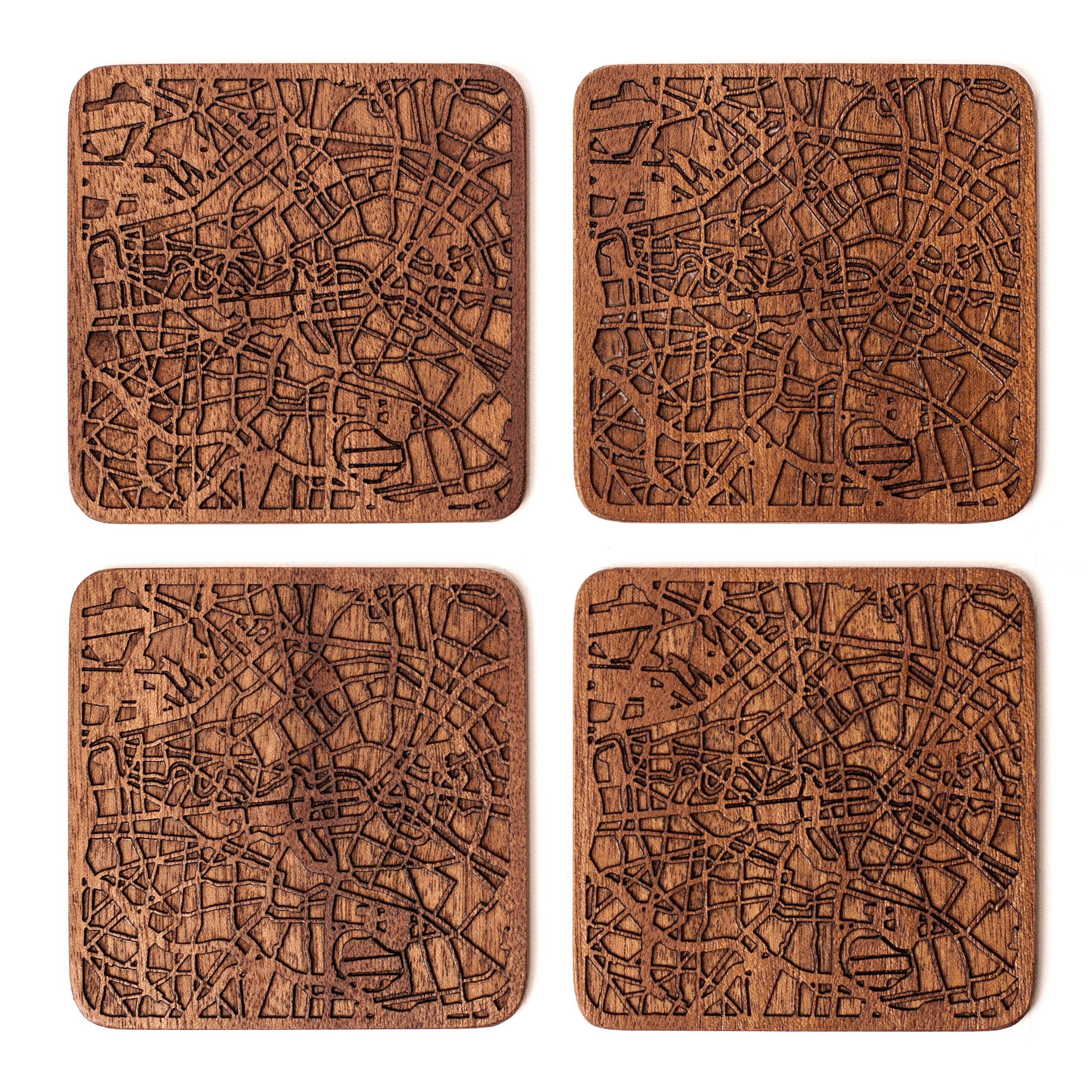 Berlin Map Coaster by O3 Design Studio, Set Of 4, Sapele Wooden Coaster With City Map, Handmade