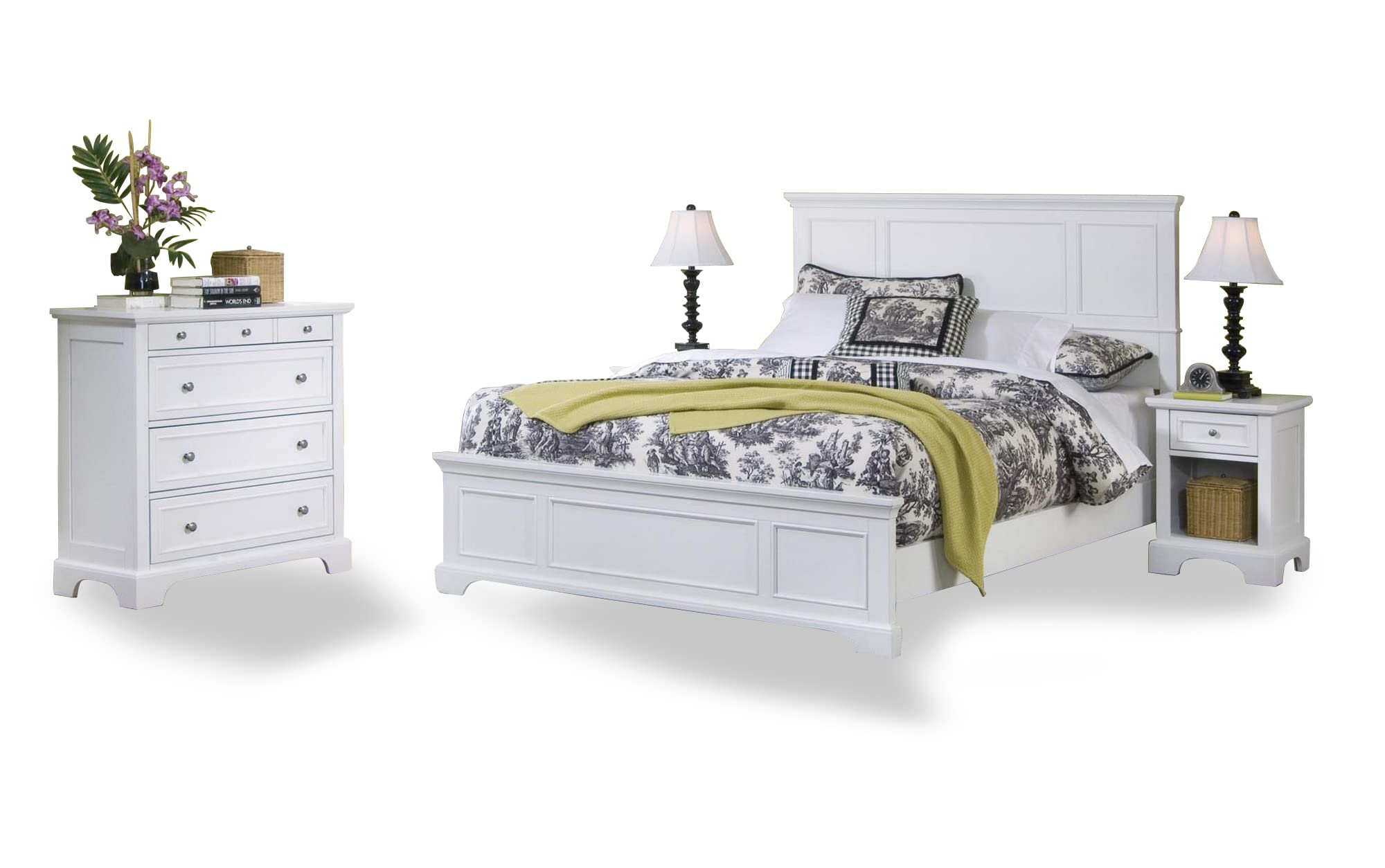Home Styles Naples White Queen Bed, Night Stand and Chest with Head and Footboard, Drawers, and Open Storage Area