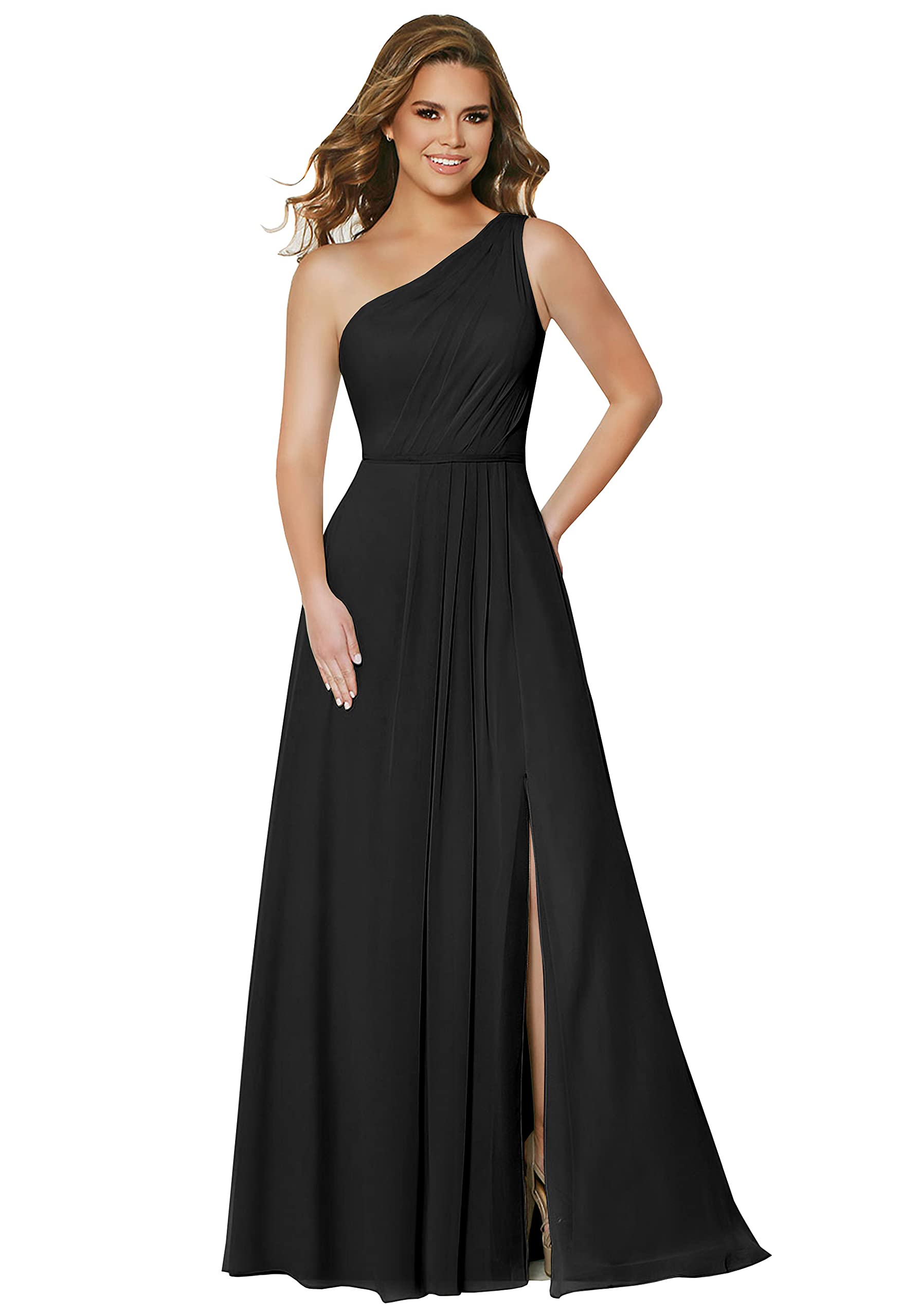 Women's One Shoulder Bridesmaid Dresses Long Chiffon Ruched Slit Evening Formal Gown with Pockets