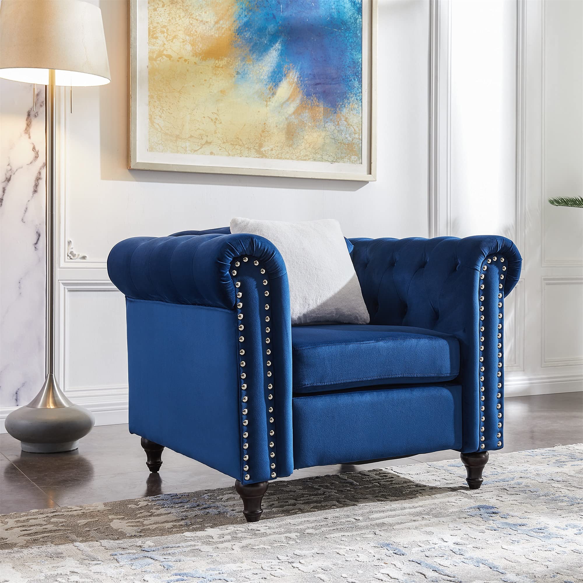 HABITRIO Sofa Chair for Living Room Wood Frame Blue Velvet Upholstered Single Seating Couch with Button Tufted Rolled Arms and Copper Nail Head Trim, Modern Design Furniture for Home Office Bedroom