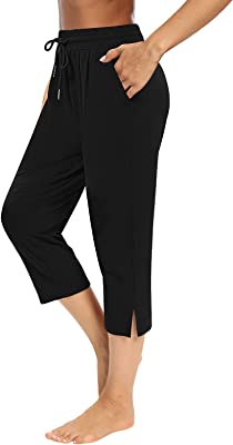Womens Capri Yoga Pants Loose Workout Joggers Drawstring Sweatpants Lounge Pajama Capris Pants with Pockets