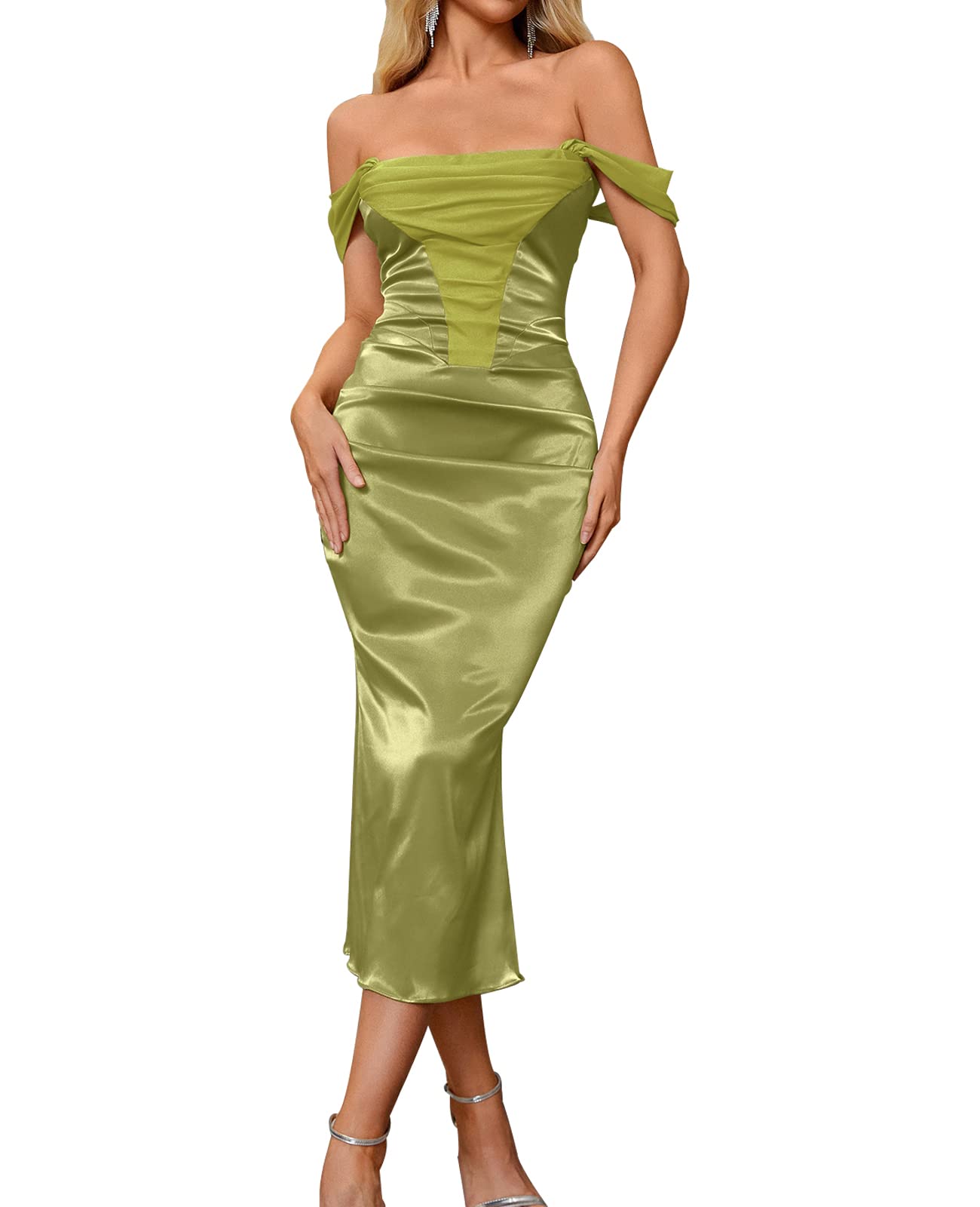 Satin Off Shoulder Bodycon Midi Dress Patchwork Ruched Elegant Dresses for Women Evening Party