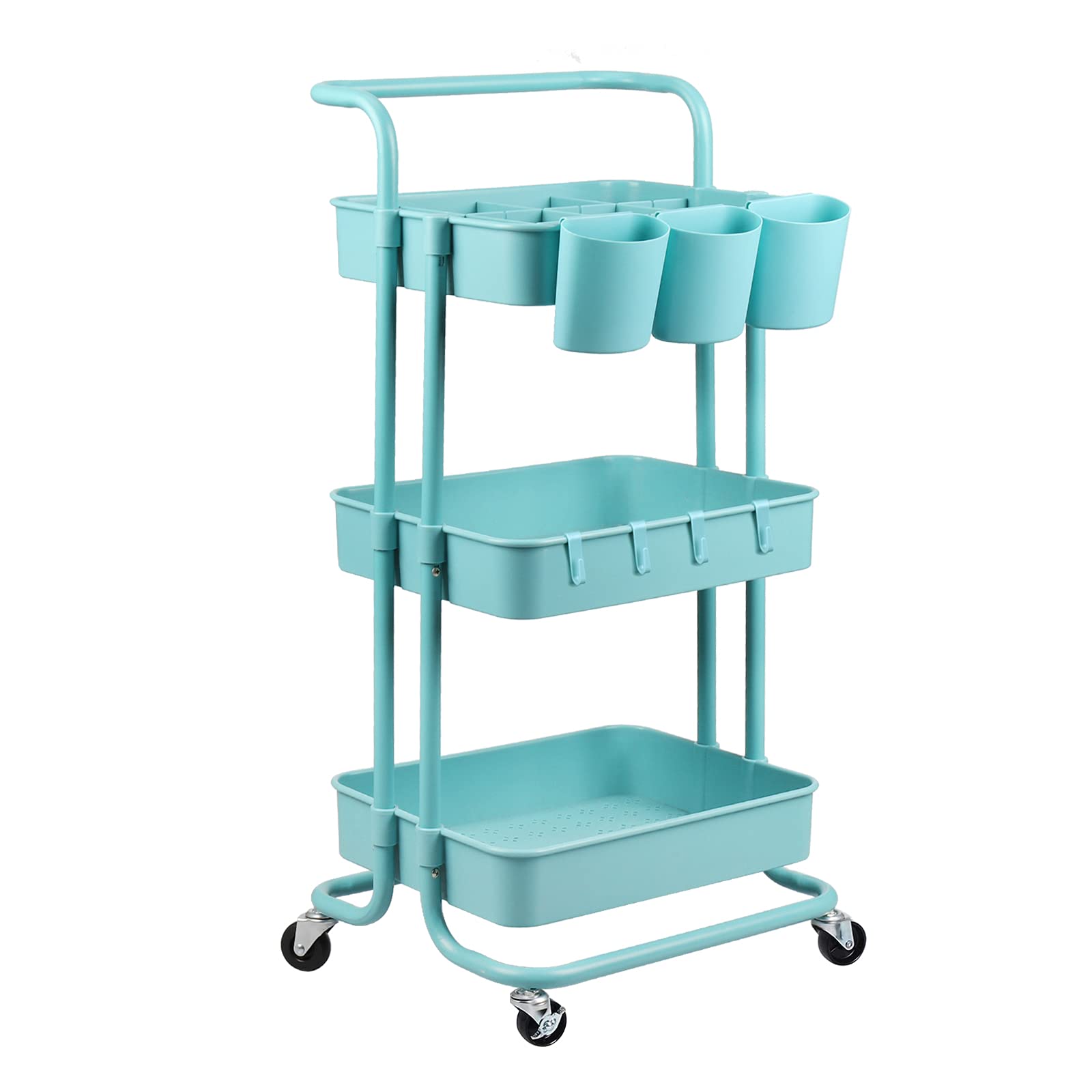 ALVOROG 3-Tier Rolling Utility Cart Storage Shelves Multifunction Storage Trolley Service Cart with Mesh Basket Handles and Wheels Easy Assembly for Bathroom, Kitchen, Office (Blue)