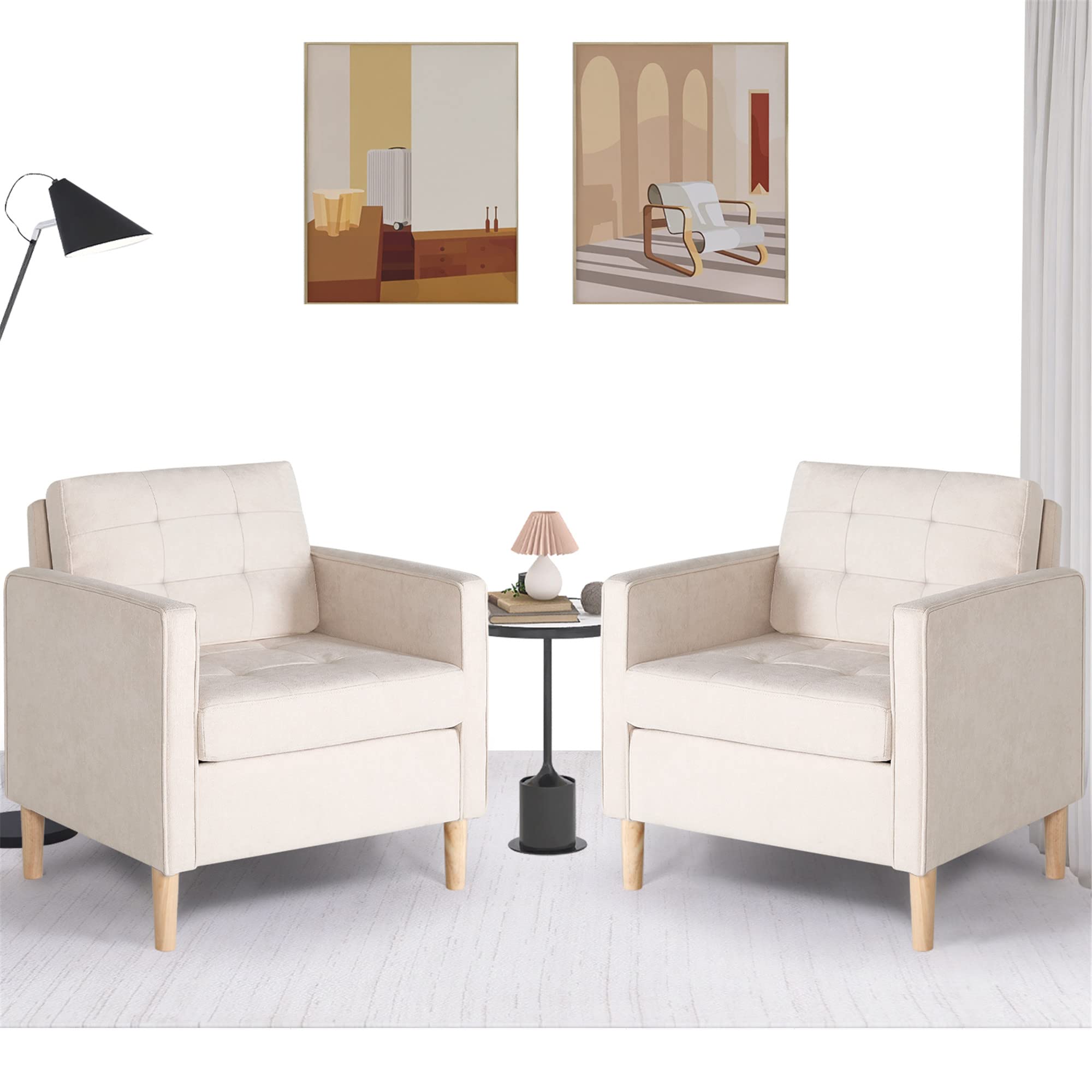 STHOUYN Small Accent Chairs Living Room Chairs Set of 2, Reading Chairs Bedroom Comfy Comfortable Chair, Mid Century Modern Club Chair, Tufted Single Sofa Office Living Room Furniture (2, White)