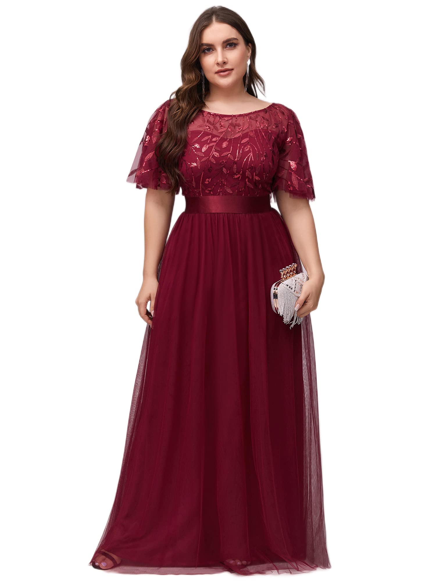 Women's Plus Size Round Neck Sequin A-Line Tulle Evening Party Dress for Women 0904-PZ