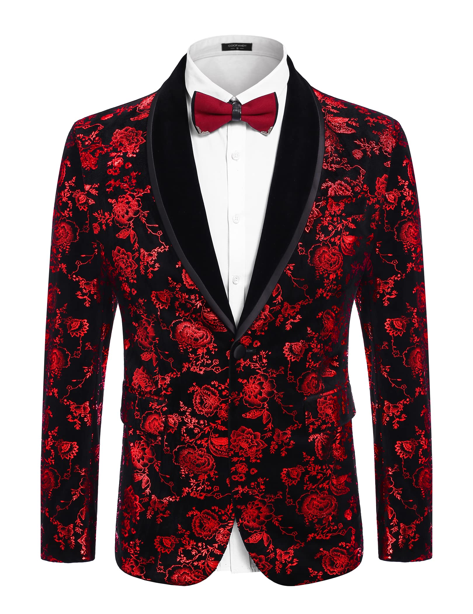 Men's Floral Tuxedo Jacket Shawl Lapel One Button Velvet Suit Jacket Dinner Prom Party Wedding Blazer