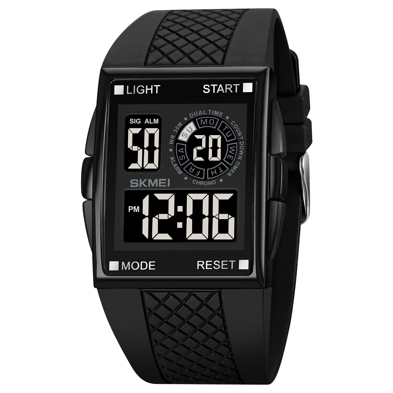 Mens Women Digital Sport Watch Glass Screen Large Face Alloy Shell Square Watches Waterproof Casual Stopwatch Alarm Simple Watch
