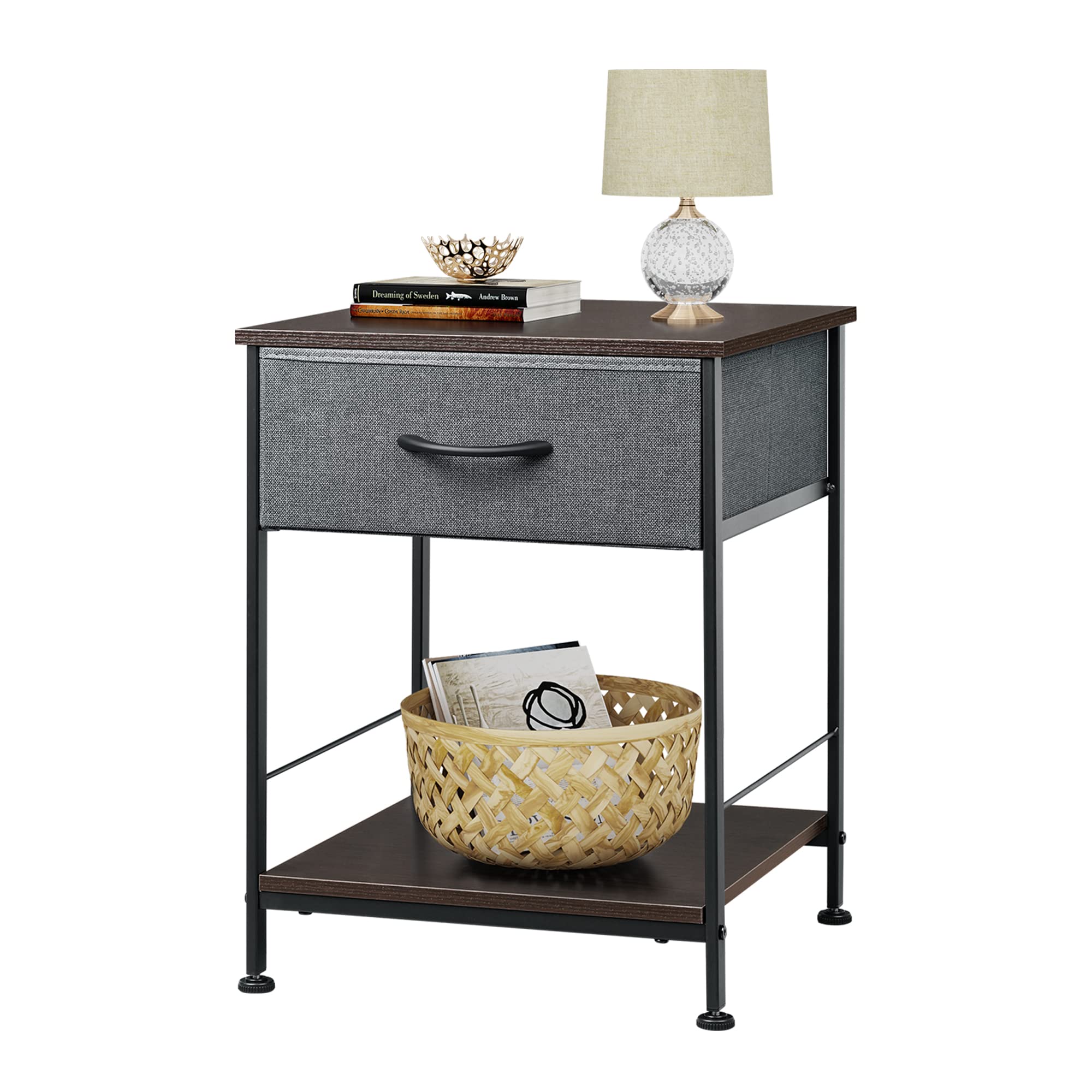 WLIVE Nightstand, End Table with Fabric Storage Drawer and Open Wood Shelf, Bedside Furniture with Steel Frame, Side Table for Bedroom, Dorm, Easy Assembly, Dark Grey