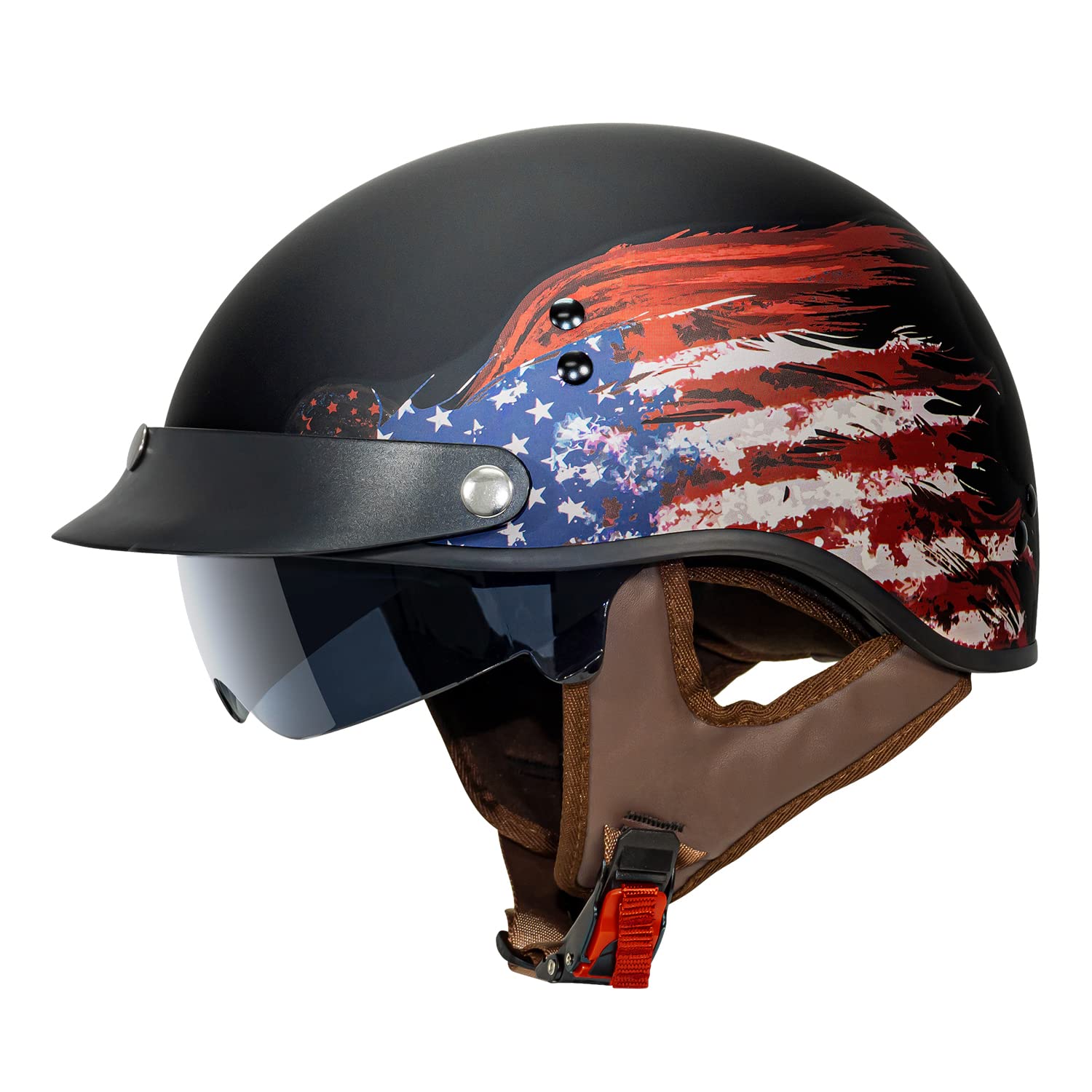 VCAN Cruiser Half Face Motorcycle Helmet with Drop-Down Sun Visor, Removable Peak and Quick Release Buckle