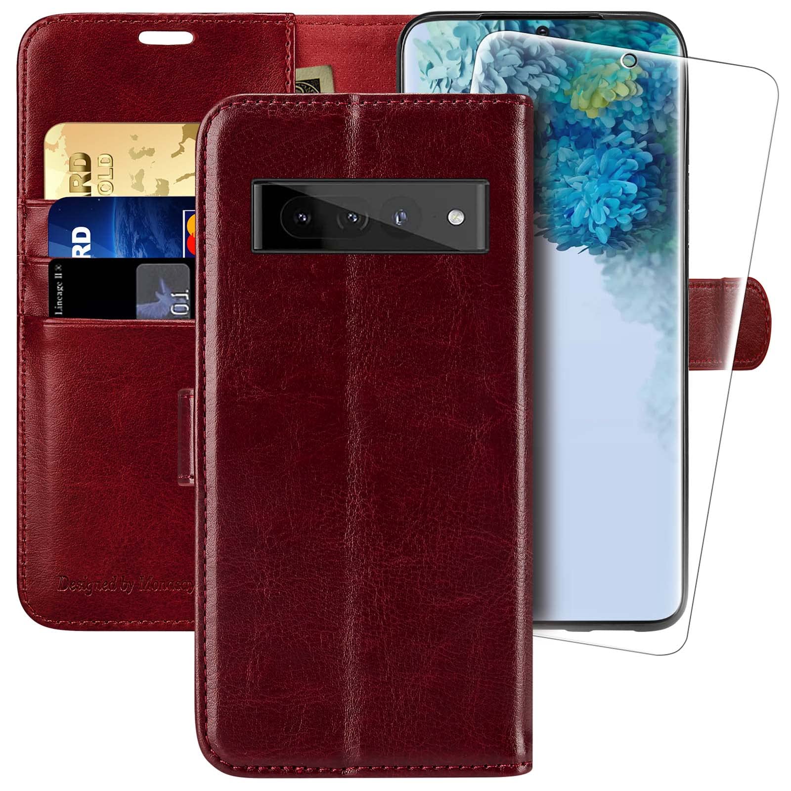 MONASAY Wallet Case for Google Pixel 7 Pro,[RFID Blocking] Flip Folio Leather Cell Phone Cover with Credit Card Holder for Google Pixel 7 Pro 5G Burgundy